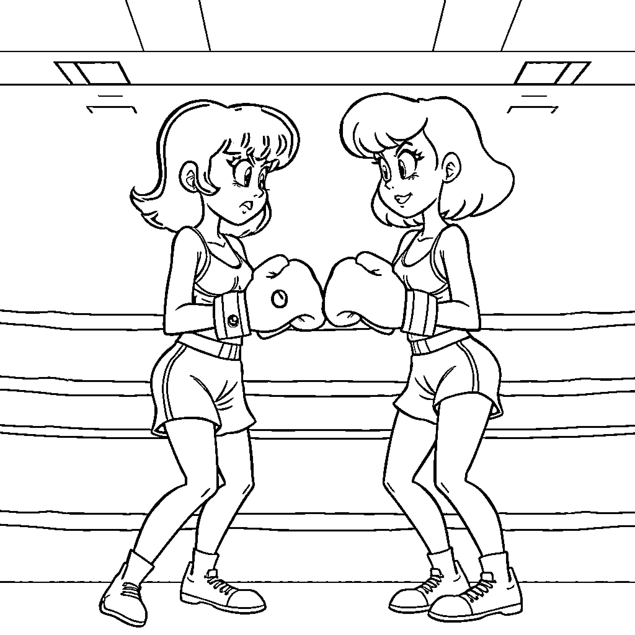 Velma and Daphne in athletic wear sparring Coloring Page (free black-and-white line drawing printable PDF for all, from beginners to advanced learners, including children, teens, adults, and seniors)