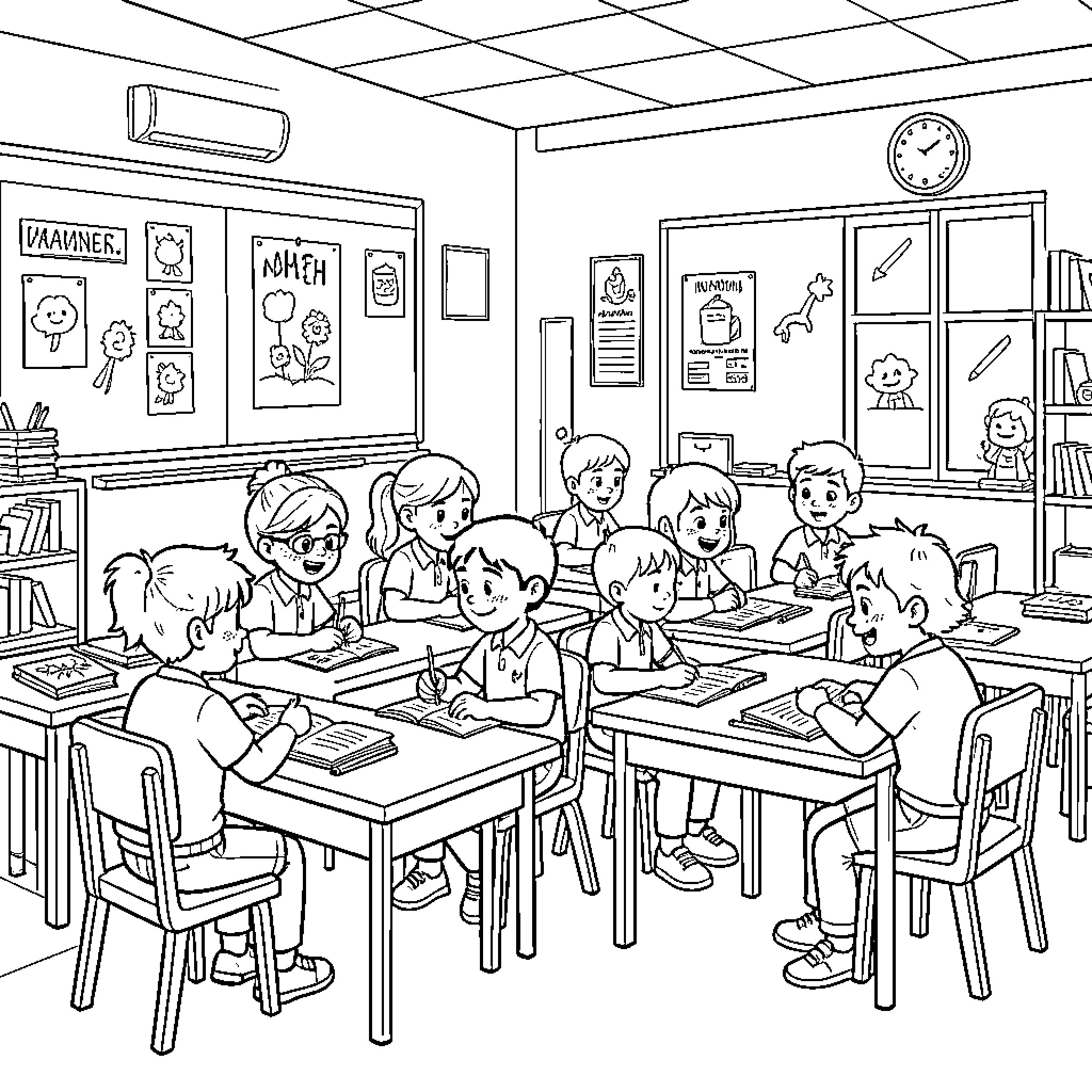 Examen of students studying and writing at school desks Coloring Page (free black-and-white line drawing printable PDF for all, from beginners to advanced learners, including children, teens, adults, and seniors)