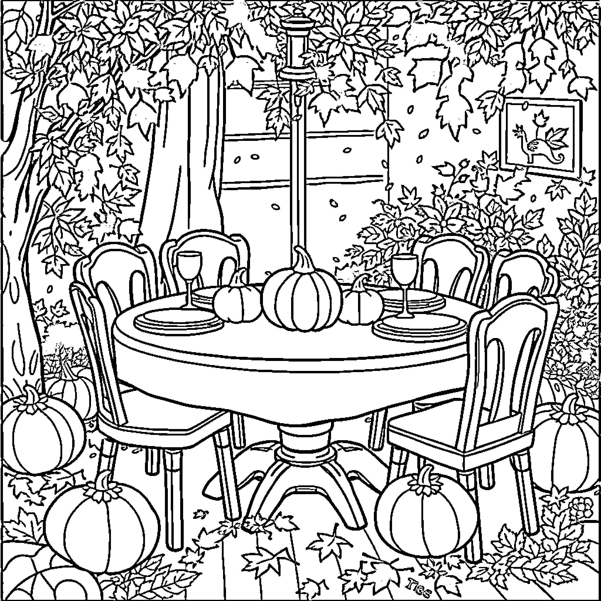 Thanksgiving Feast Outdoors with Autumn Decor Coloring Page (free black-and-white line drawing printable PDF for all, from beginners to advanced learners, including children, teens, adults, and seniors)