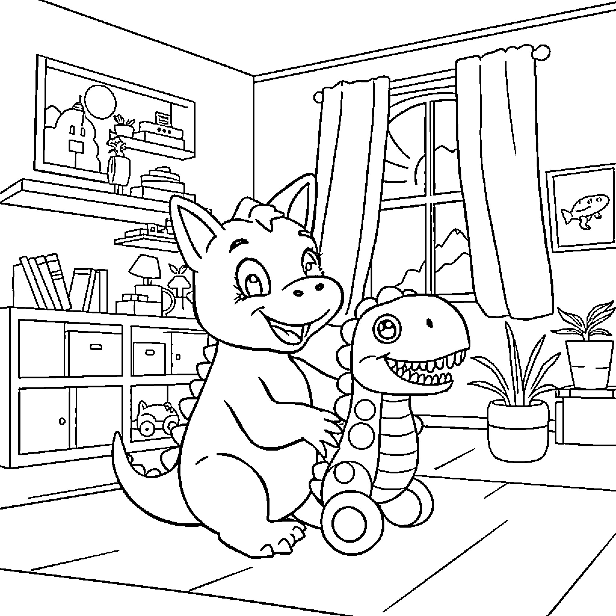 Huntrix's Playful Companions in the Cozy Room Coloring Page (free black-and-white line drawing printable PDF for all, from beginners to advanced learners, including children, teens, adults, and seniors)