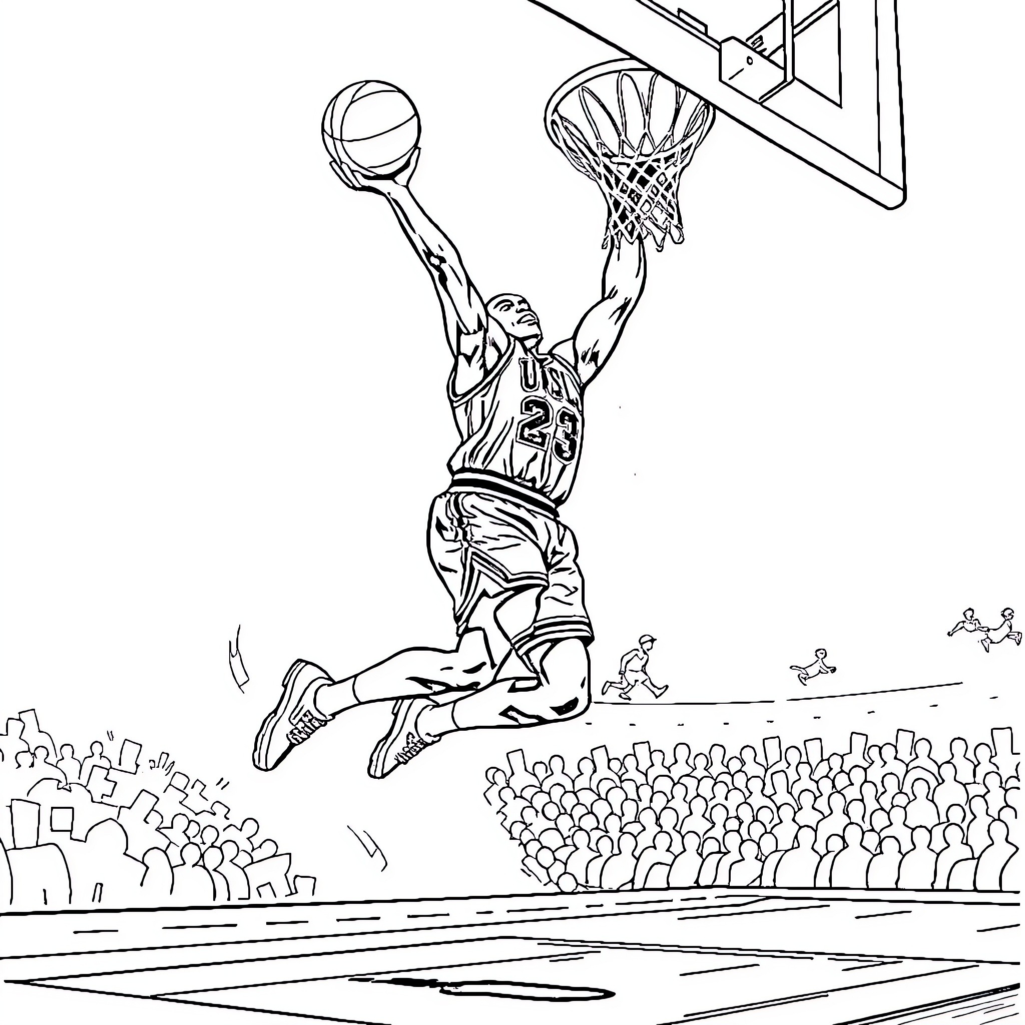 Michael Jordan's Iconic Slam Dunk Moment Coloring Page (free black-and-white line drawing printable PDF for all, from beginners to advanced learners, including children, teens, adults, and seniors)