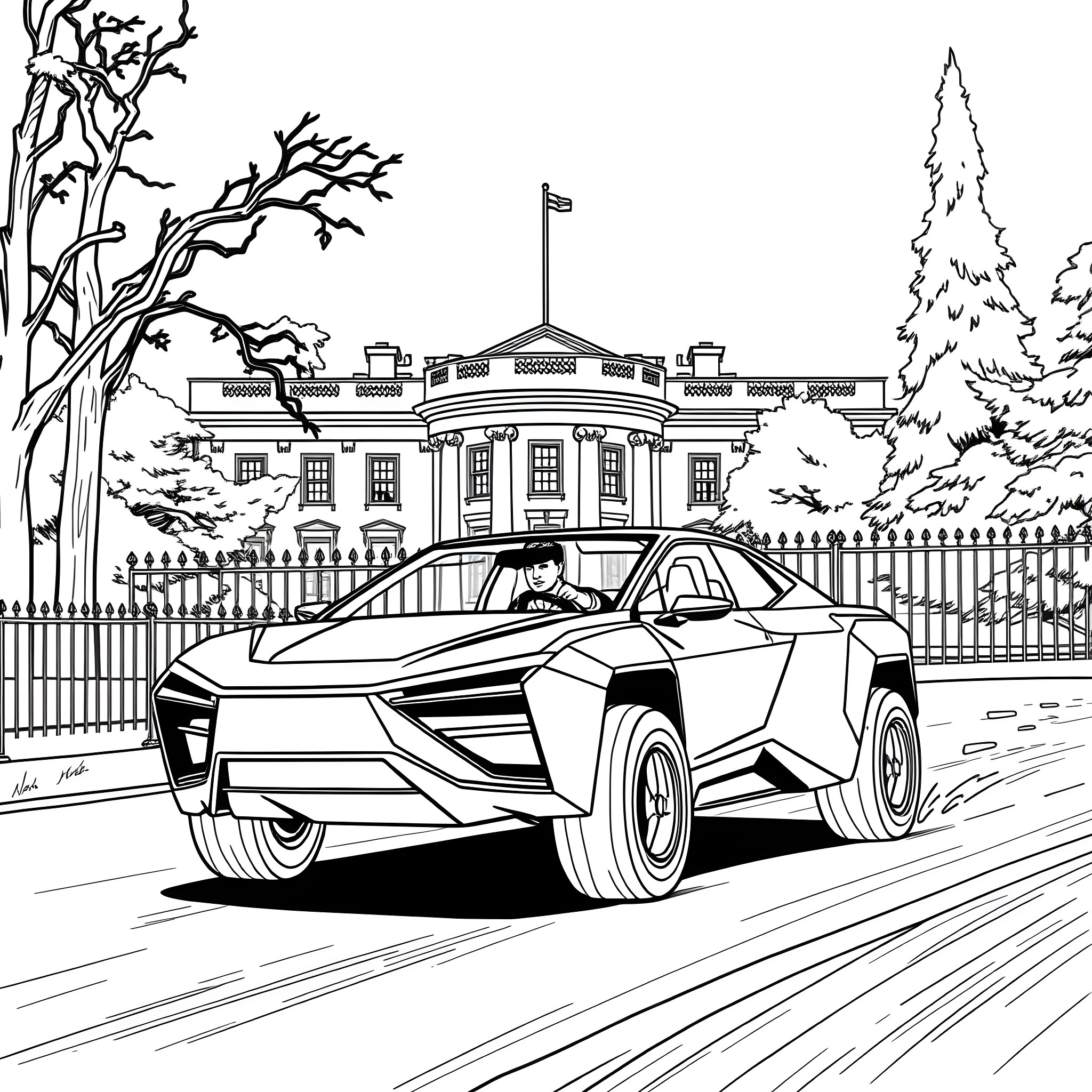 Elon Musk's futuristic electric vehicle in front of the White House Coloring Page (free black-and-white line drawing printable PDF for all, from beginners to advanced learners, including children, teens, adults, and seniors)