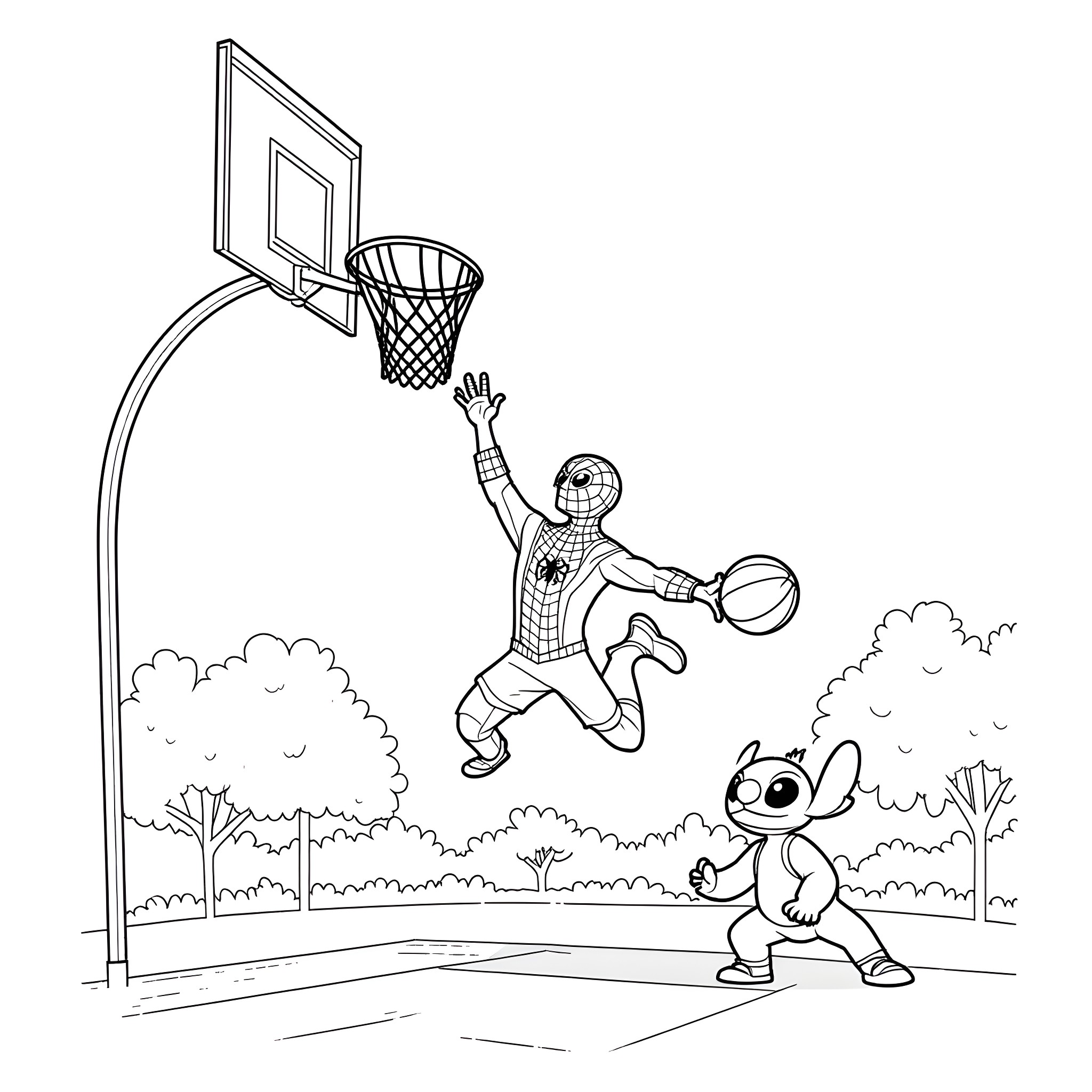 Spider-Man playing basketball with a cute companion Coloring Page (free black-and-white line drawing printable PDF for all, from beginners to advanced learners, including children, teens, adults, and seniors)