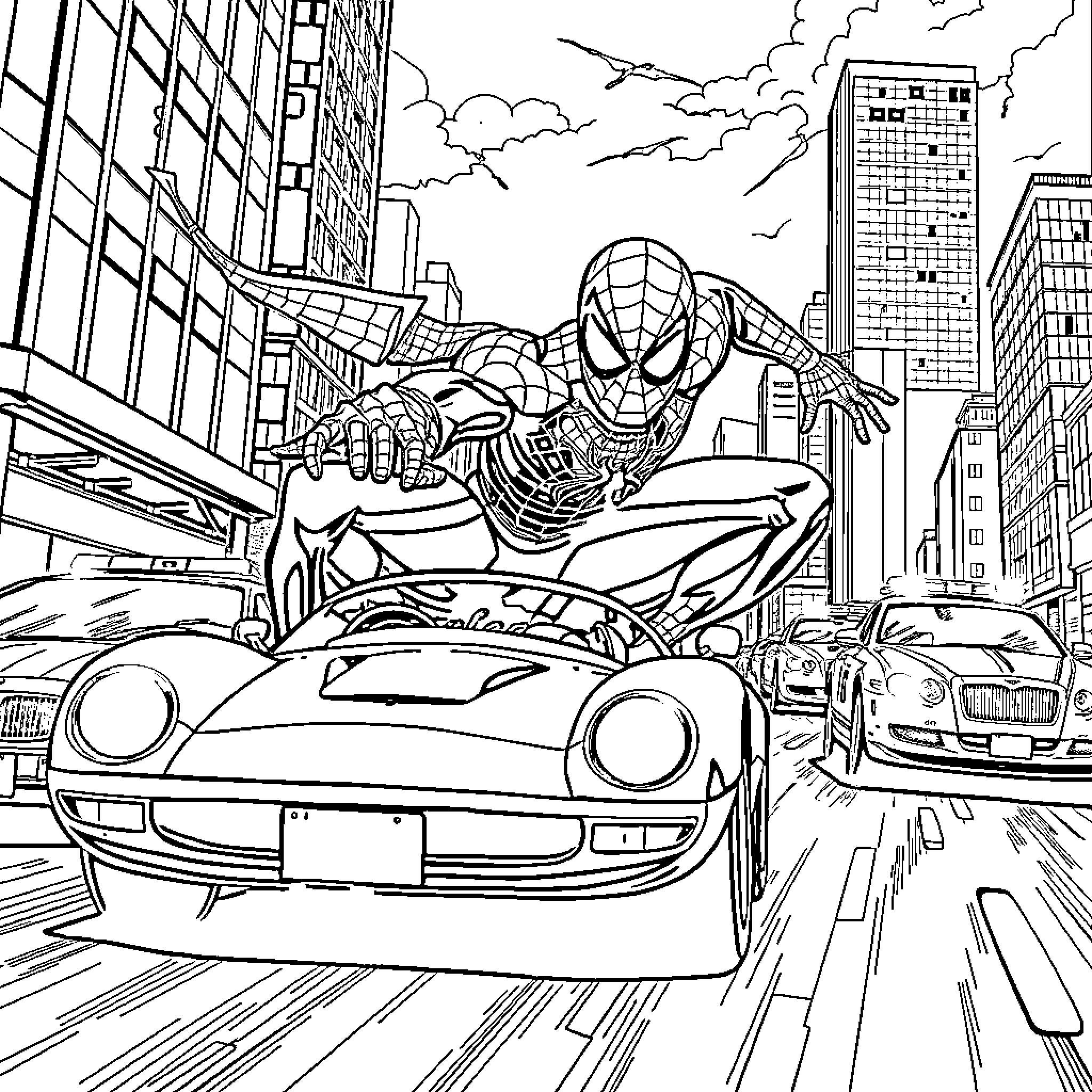 Spiderman swinging through the city in action Coloring Page (free black-and-white line drawing printable PDF for all, from beginners to advanced learners, including children, teens, adults, and seniors)