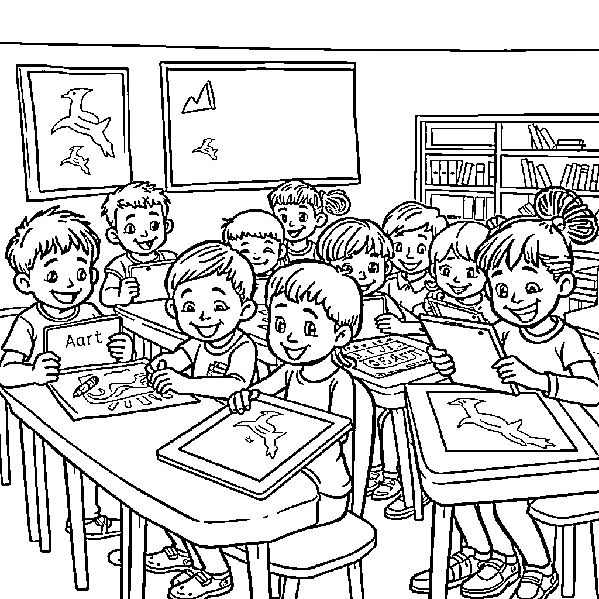 Child Artists Engaged in Creative Endeavors Coloring Page (free black-and-white line drawing printable PDF for all, from beginners to advanced learners, including children, teens, adults, and seniors)