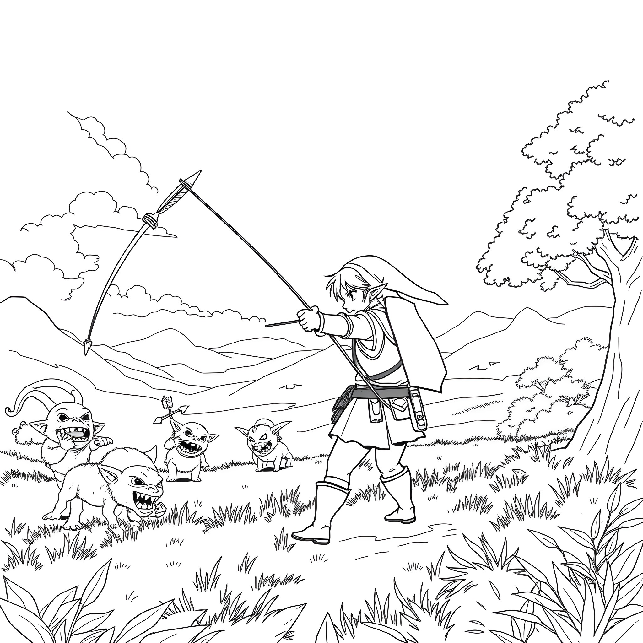 Link fighting fantasy creatures in the wilderness Coloring Page (free black-and-white line drawing printable PDF for all, from beginners to advanced learners, including children, teens, adults, and seniors)