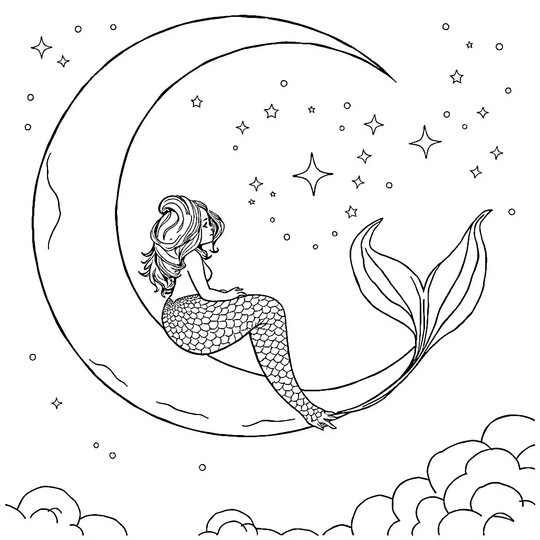 Siren gazing at the starry night sky Coloring Page (free black-and-white line drawing printable PDF for all, from beginners to advanced learners, including children, teens, adults, and seniors)