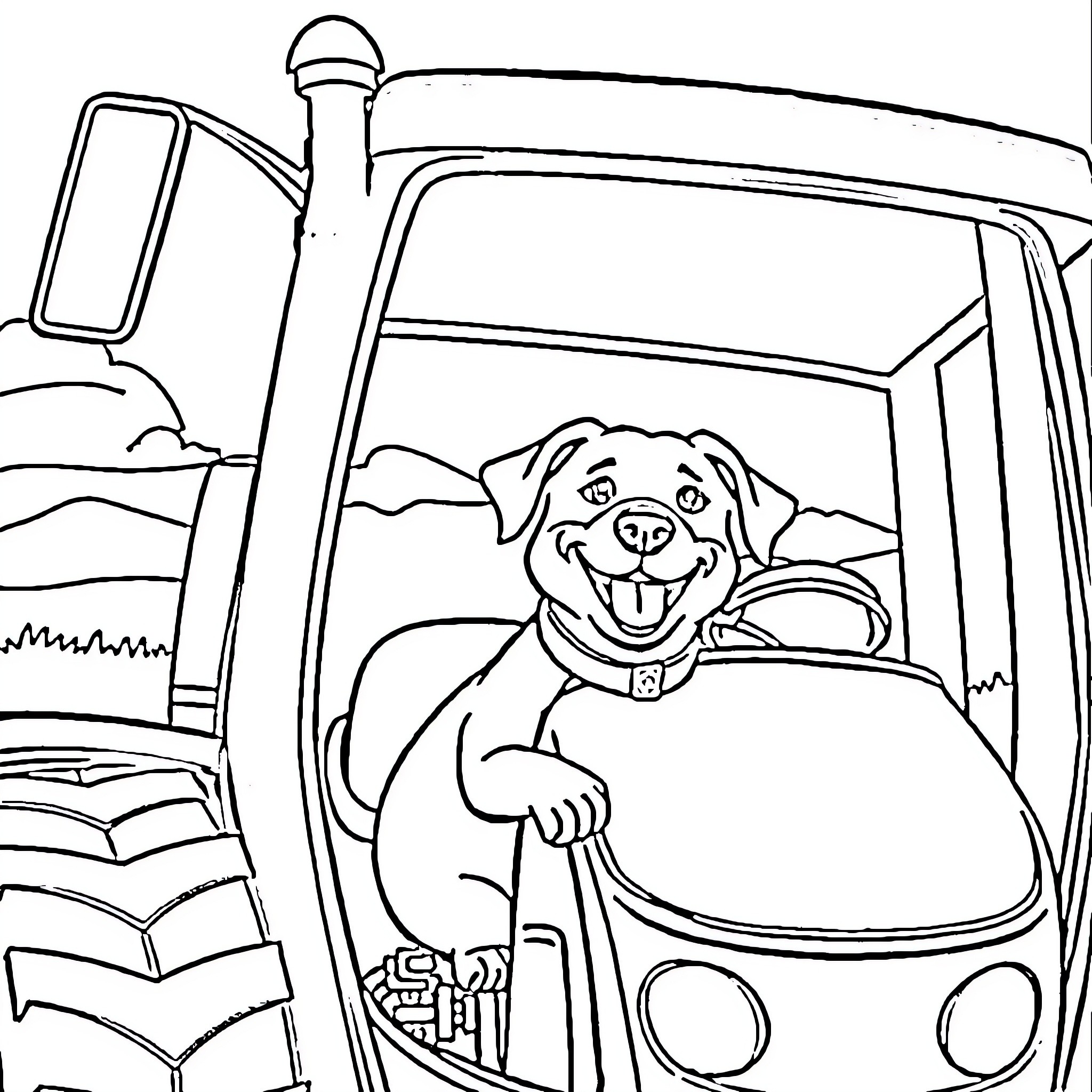 Dog riding happily in the back of a truck Coloring Page (free black-and-white line drawing printable PDF for all, from beginners to advanced learners, including children, teens, adults, and seniors)