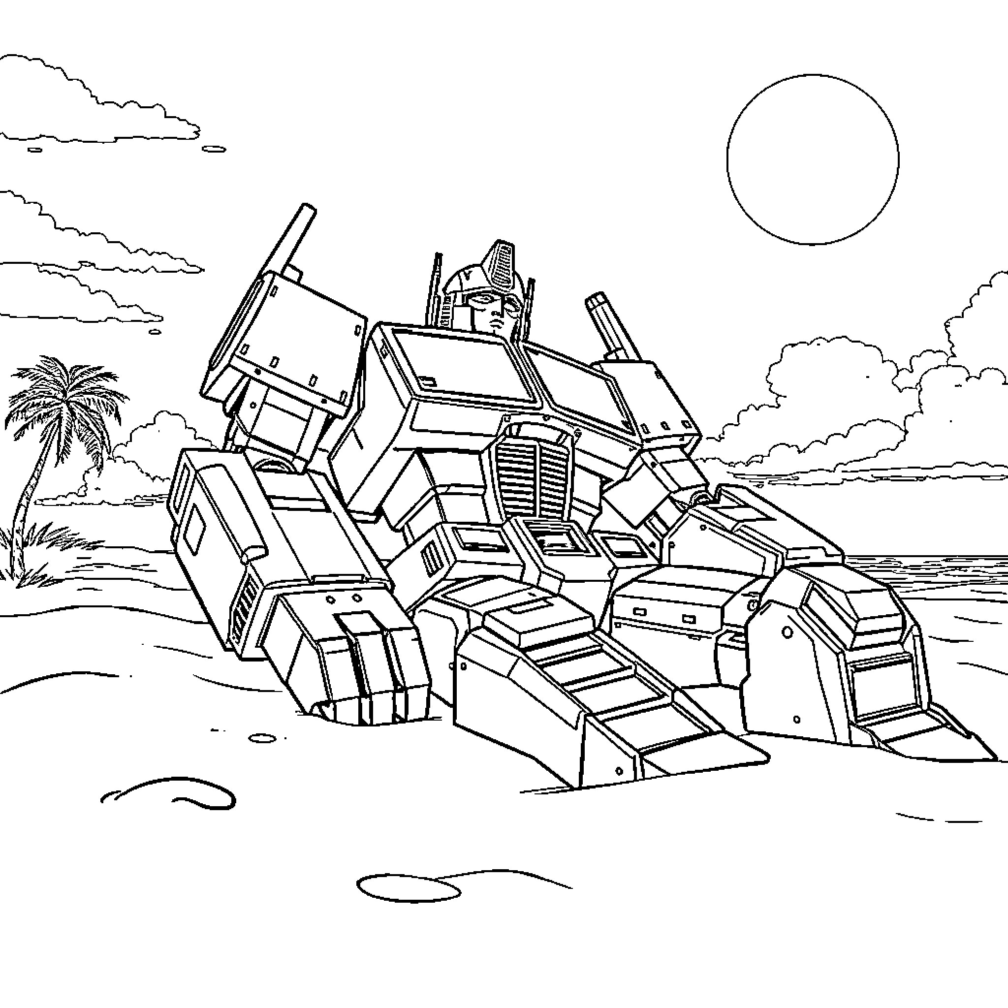 Optimus Prime transforming on a tropical beach Coloring Page (free black-and-white line drawing printable PDF for all, from beginners to advanced learners, including children, teens, adults, and seniors)
