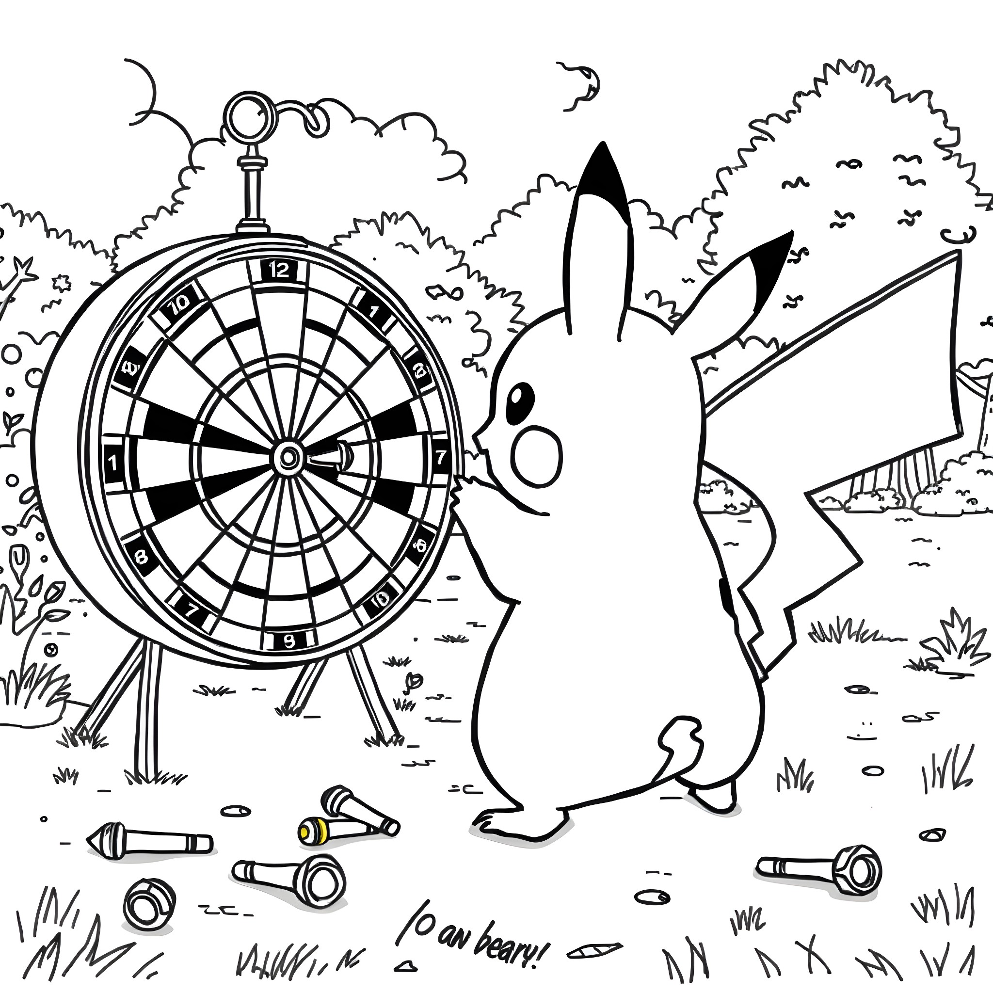 Pikachu playing darts in the wilderness Coloring Page (free black-and-white line drawing printable PDF for all, from beginners to advanced learners, including children, teens, adults, and seniors)