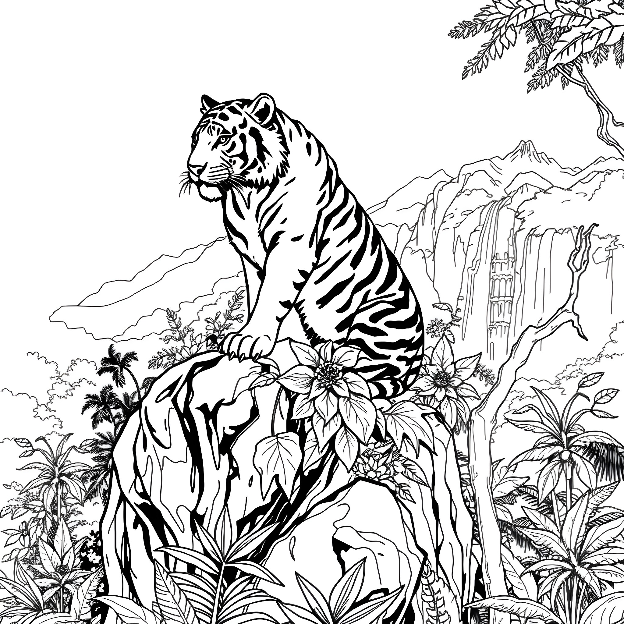 Tiger Majestic in the Lush Jungle Landscape Coloring Page (free black-and-white line drawing printable PDF for all, from beginners to advanced learners, including children, teens, adults, and seniors)