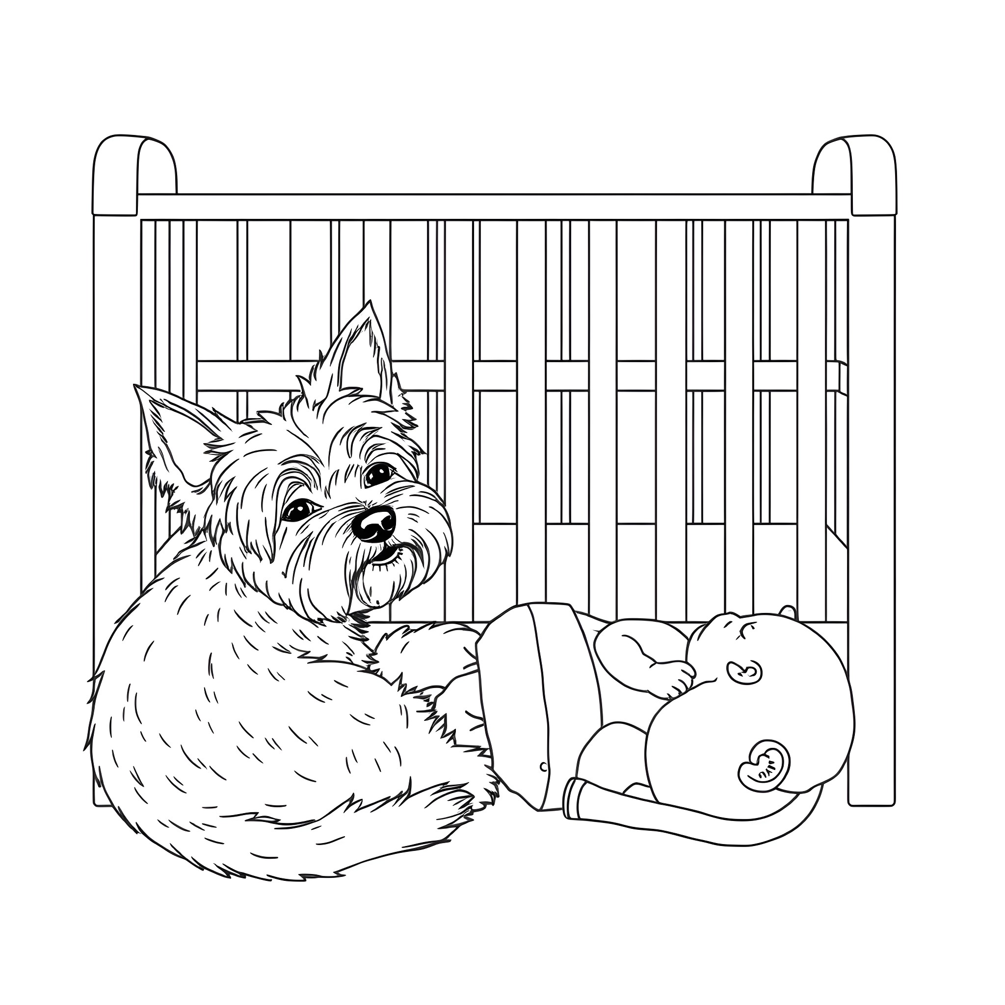 Dog relaxing with toys in playpen Coloring Page (free black-and-white line drawing printable PDF for all, from beginners to advanced learners, including children, teens, adults, and seniors)
