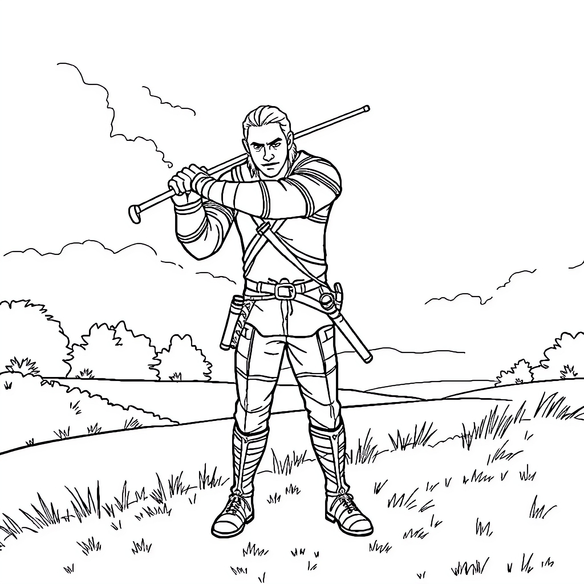 Geralt's Heroic Stance in the Wilderness Coloring Page (free black-and-white line drawing printable PDF for all, from beginners to advanced learners, including children, teens, adults, and seniors)