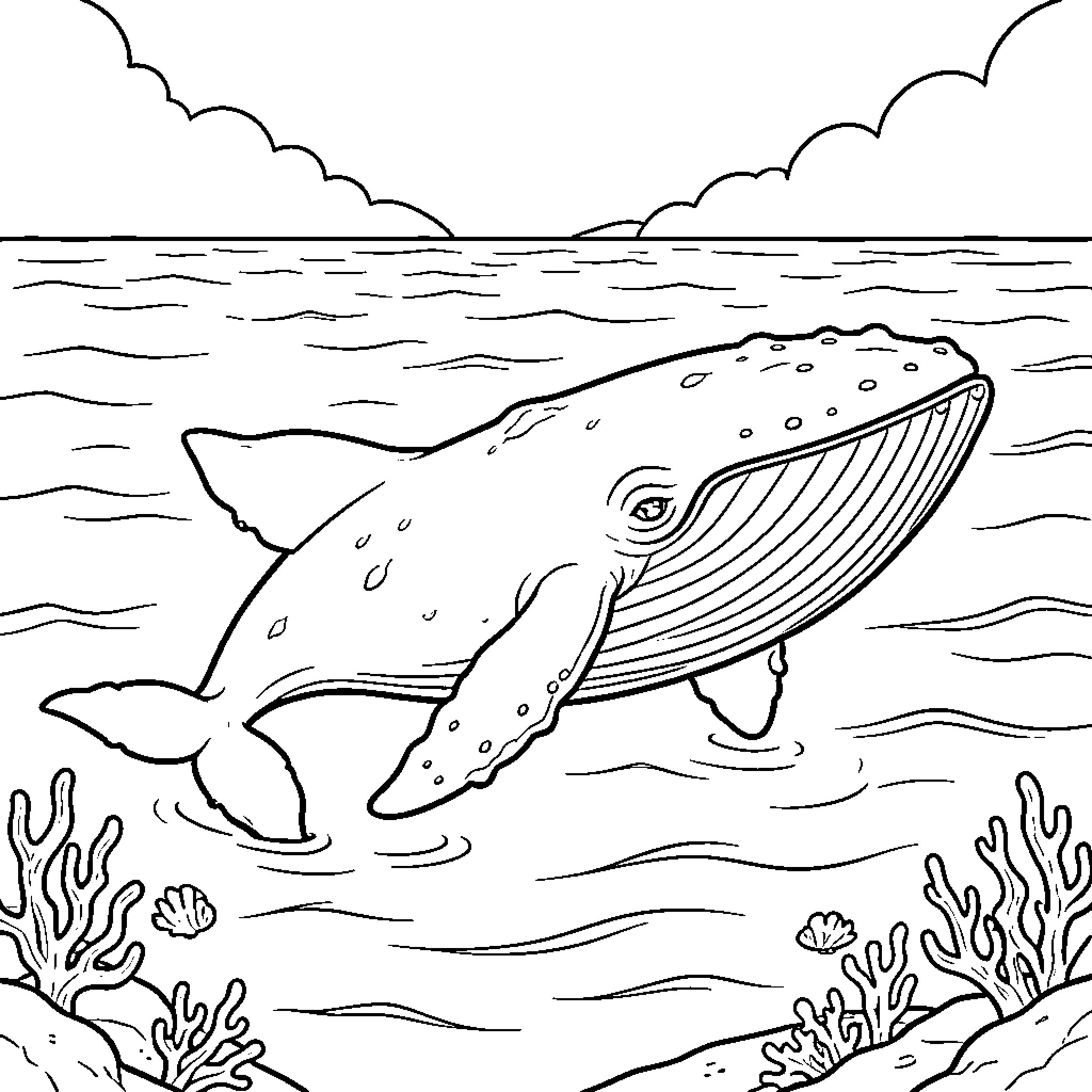 Whale swimming peacefully in the ocean waves Coloring Page (free black-and-white line drawing printable PDF for all, from beginners to advanced learners, including children, teens, adults, and seniors)