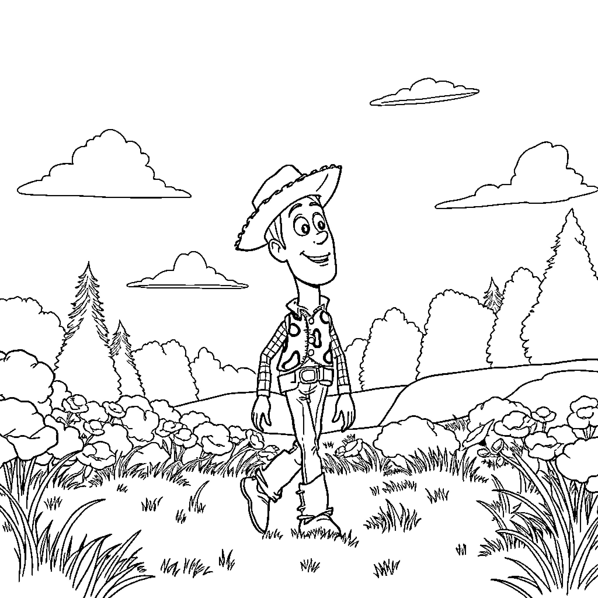 Woody enjoying the scenic outdoors in his cowboy outfit Coloring Page (free black-and-white line drawing printable PDF for all, from beginners to advanced learners, including children, teens, adults, and seniors)