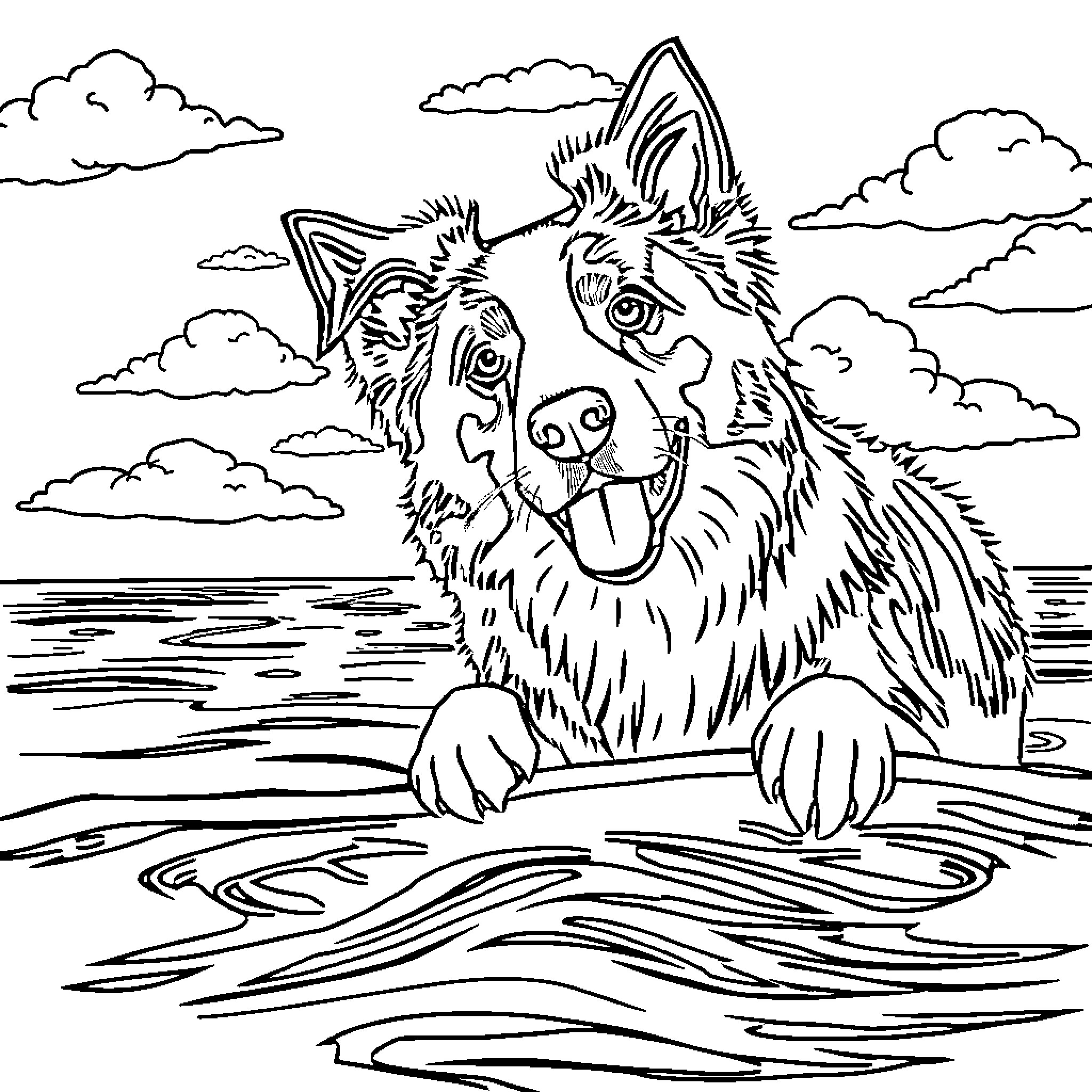 Border Collie Enjoying a Day at the Lake Coloring Page (free black-and-white line drawing printable PDF for all, from beginners to advanced learners, including children, teens, adults, and seniors)