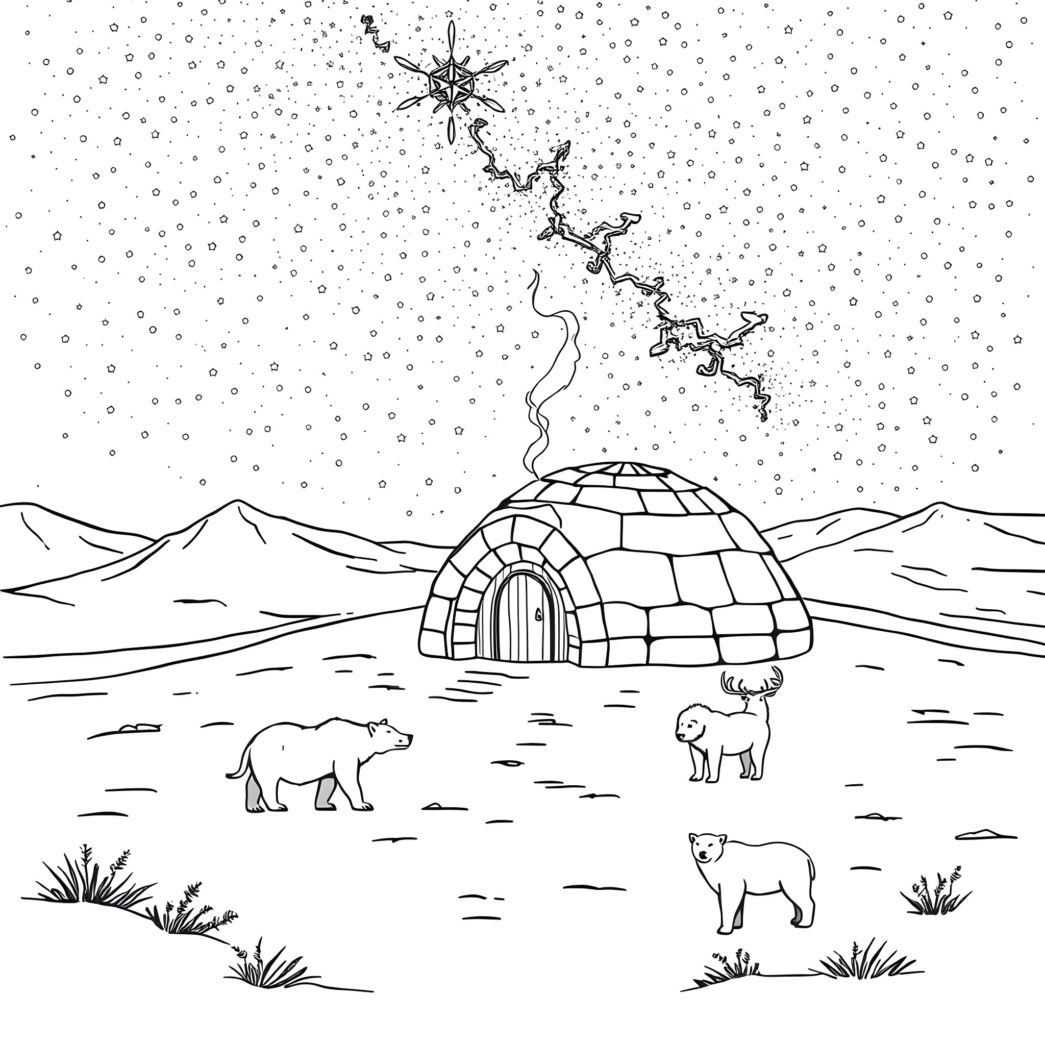 Igloo in the snowy landscape with polar bears Coloring Page (free black-and-white line drawing printable PDF for all, from beginners to advanced learners, including children, teens, adults, and seniors)