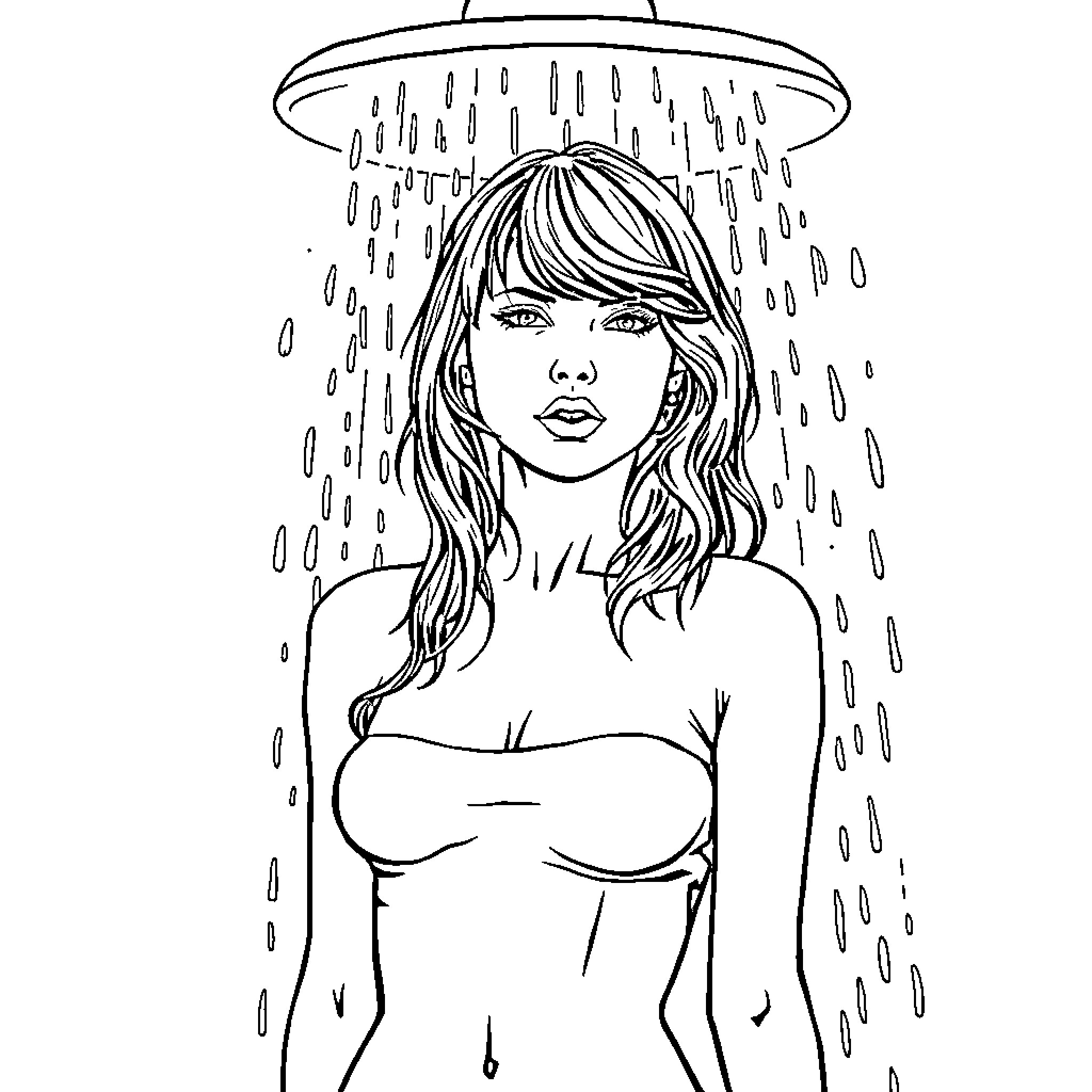 Taylor Swift under the rainy shower Coloring Page (free black-and-white line drawing printable PDF for all, from beginners to advanced learners, including children, teens, adults, and seniors)