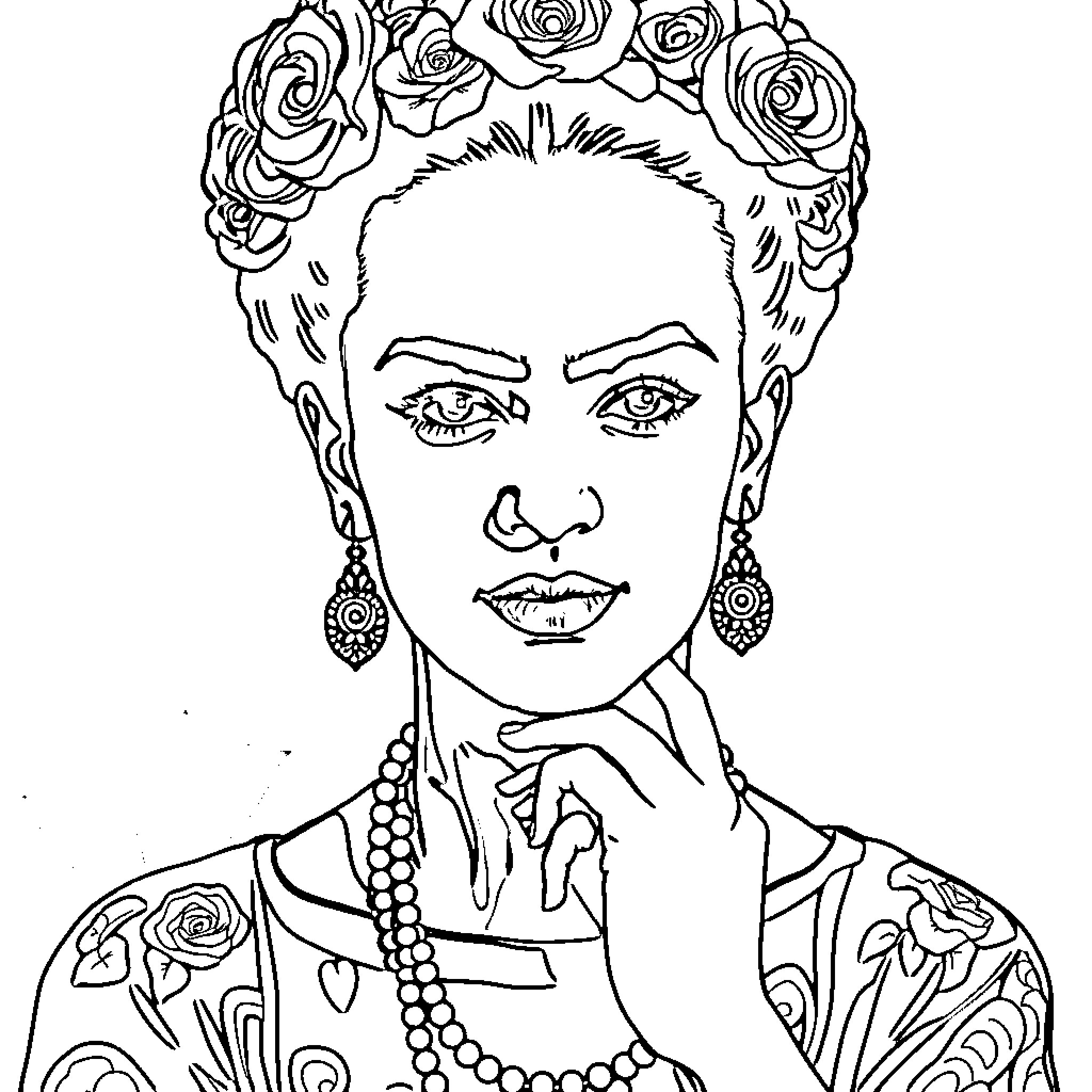 Frida Kahlo in Floral Crown and Ornate Attire Coloring Page (free black-and-white line drawing printable PDF for all, from beginners to advanced learners, including children, teens, adults, and seniors)