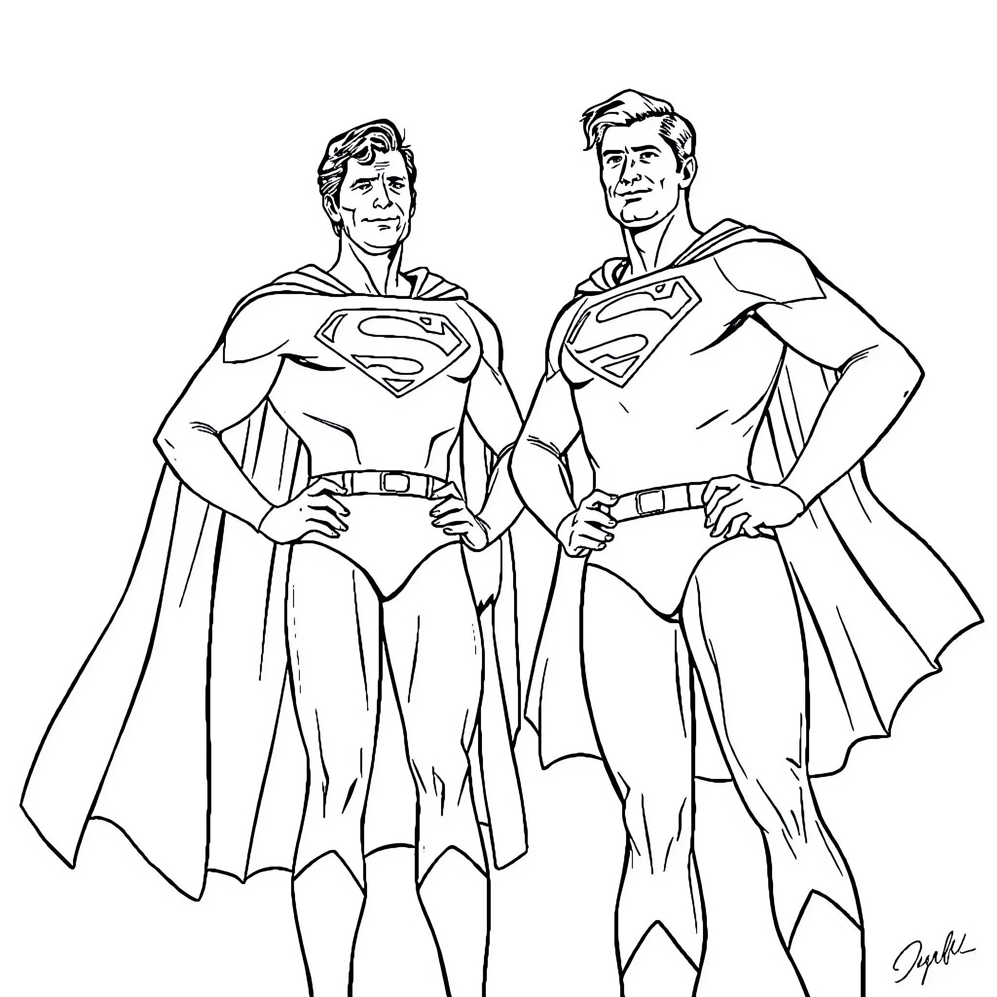 Superman heroes in iconic poses Coloring Page (free black-and-white line drawing printable PDF for all, from beginners to advanced learners, including children, teens, adults, and seniors)