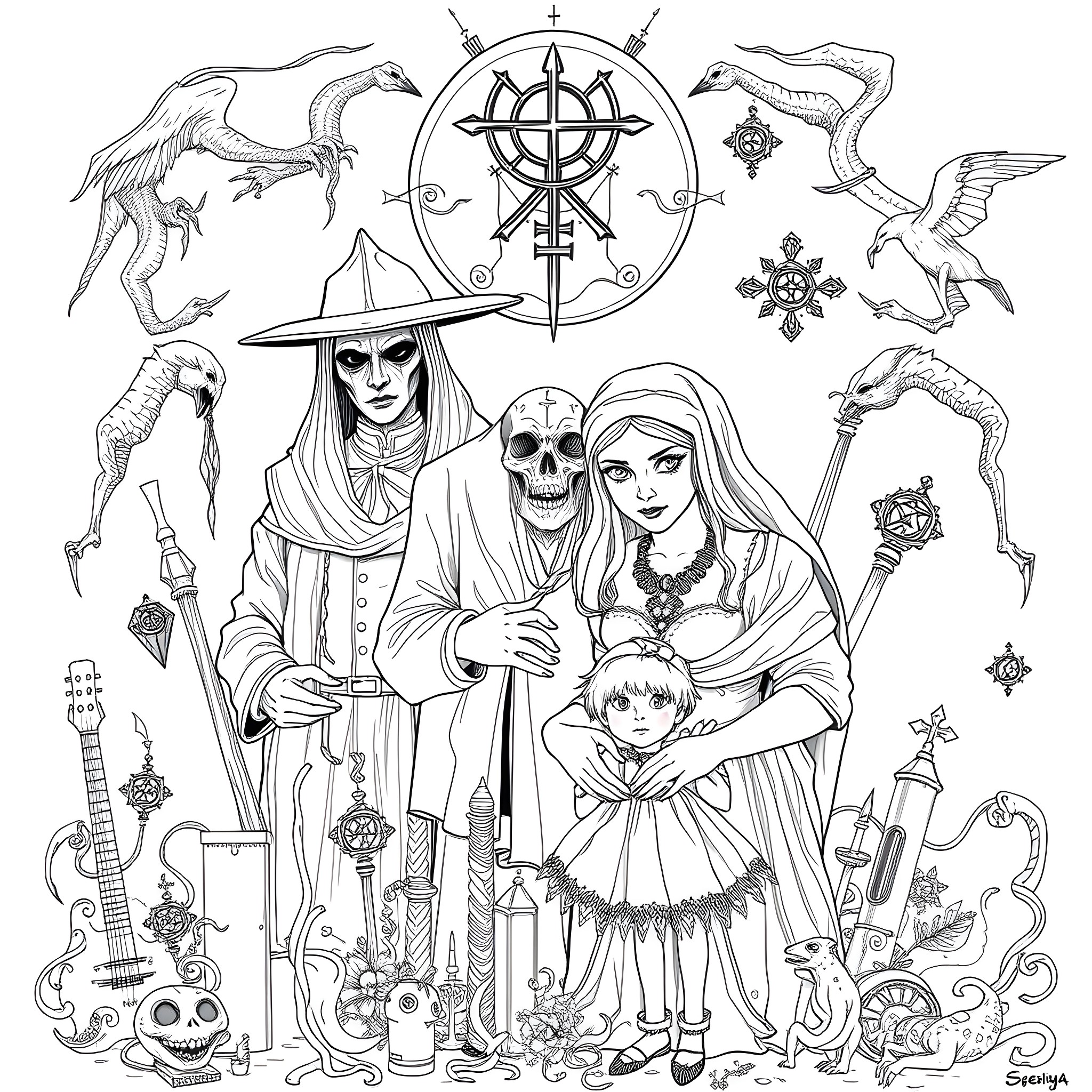 Hereditary - Mysterious family ritual with occult symbols Coloring Page (free black-and-white line drawing printable PDF for all, from beginners to advanced learners, including children, teens, adults, and seniors)