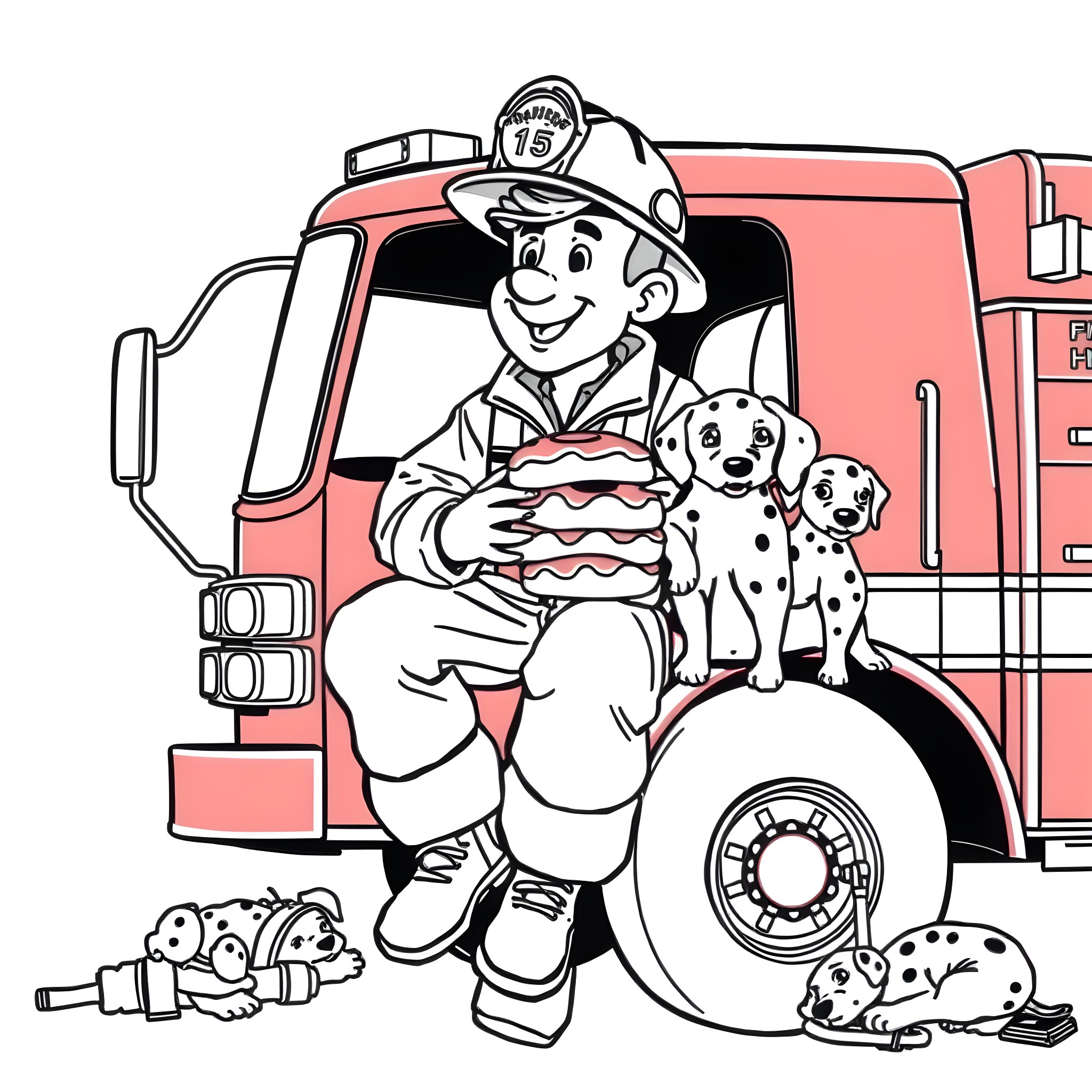 Firefighter Enjoys a Cake with Dalmatian Pups Coloring Page (free black-and-white line drawing printable PDF for all, from beginners to advanced learners, including children, teens, adults, and seniors)