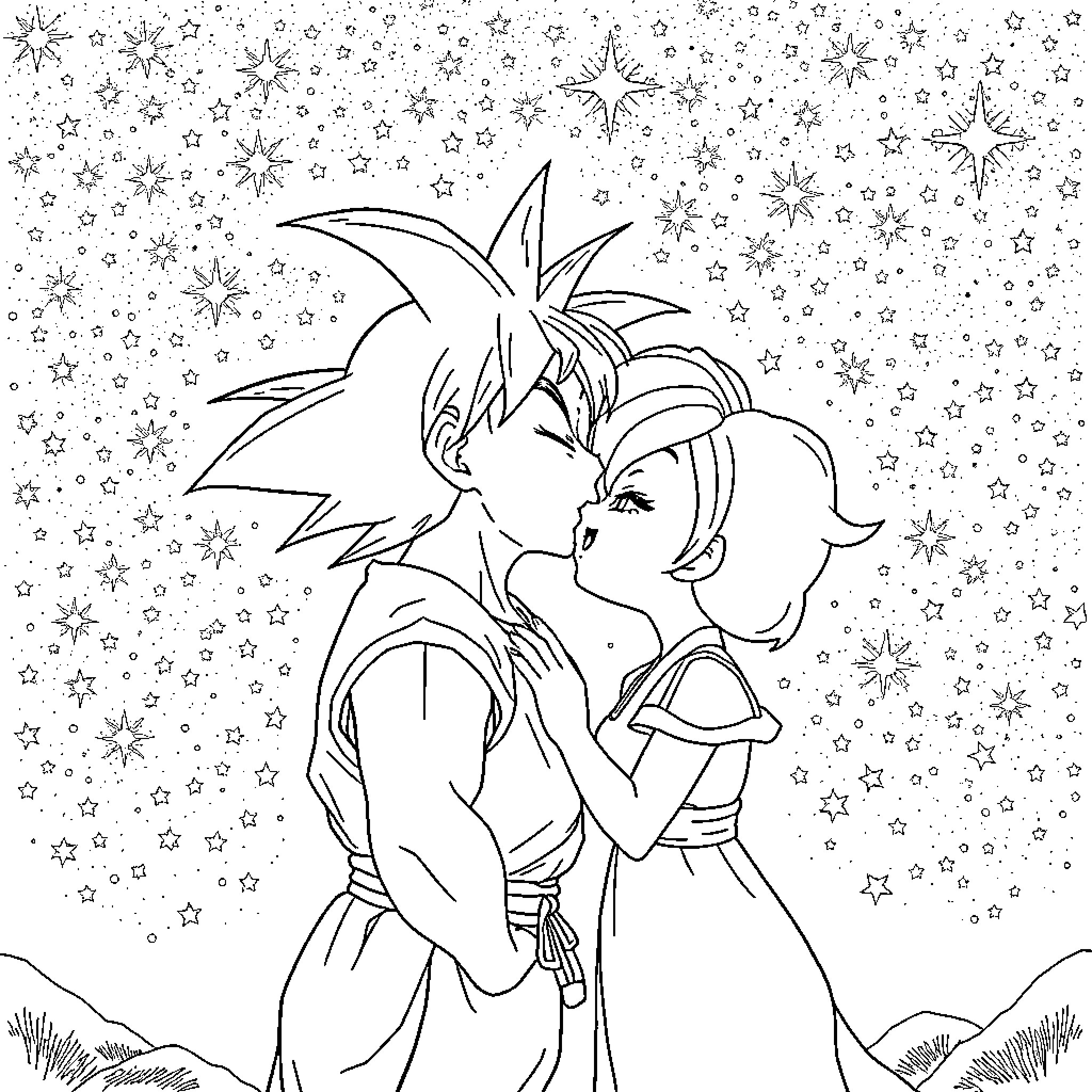 Goku and Bulma embrace under the starry night sky Coloring Page (free black-and-white line drawing printable PDF for all, from beginners to advanced learners, including children, teens, adults, and seniors)