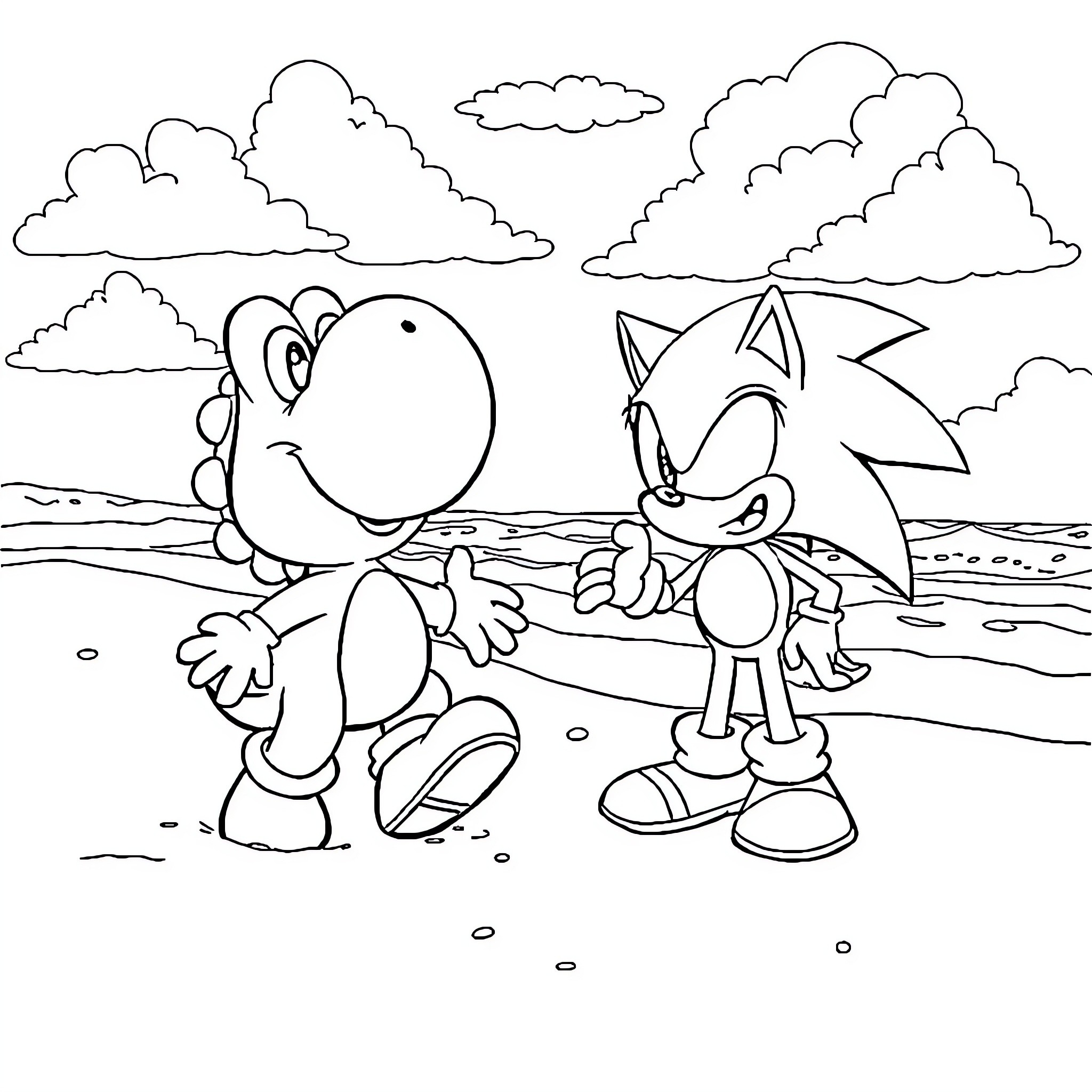 Yoshi and Sonic exploring the beach landscape Coloring Page (free black-and-white line drawing printable PDF for all, from beginners to advanced learners, including children, teens, adults, and seniors)