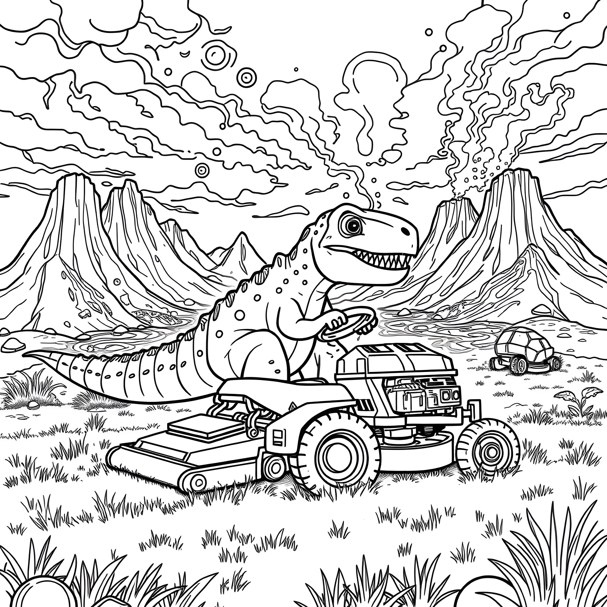 Dinosaur riding an off-road vehicle through a volcanic landscape Coloring Page (free black-and-white line drawing printable PDF for all, from beginners to advanced learners, including children, teens, adults, and seniors)