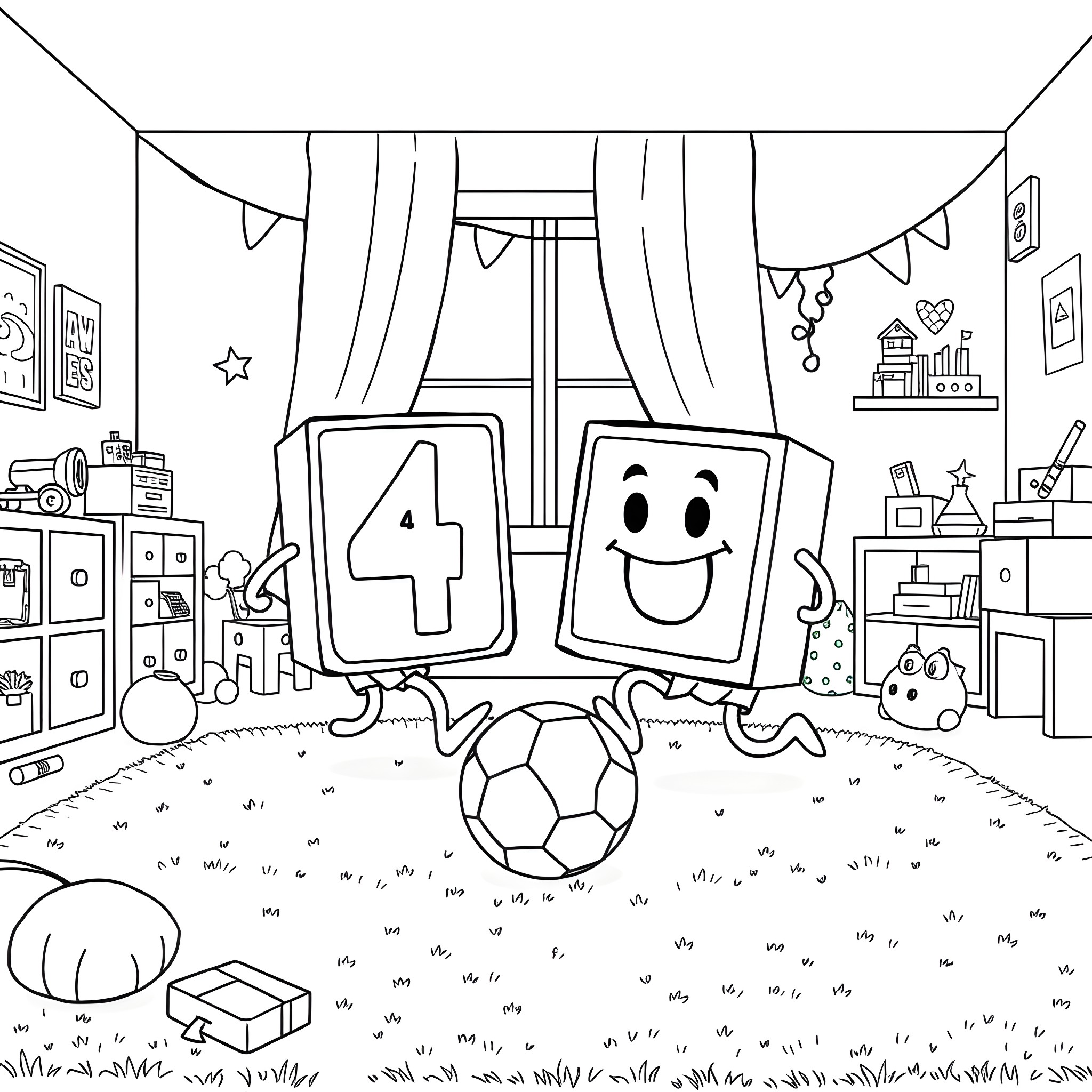 Number Block Characters Playing in Playroom Coloring Page (free black-and-white line drawing printable PDF for all, from beginners to advanced learners, including children, teens, adults, and seniors)