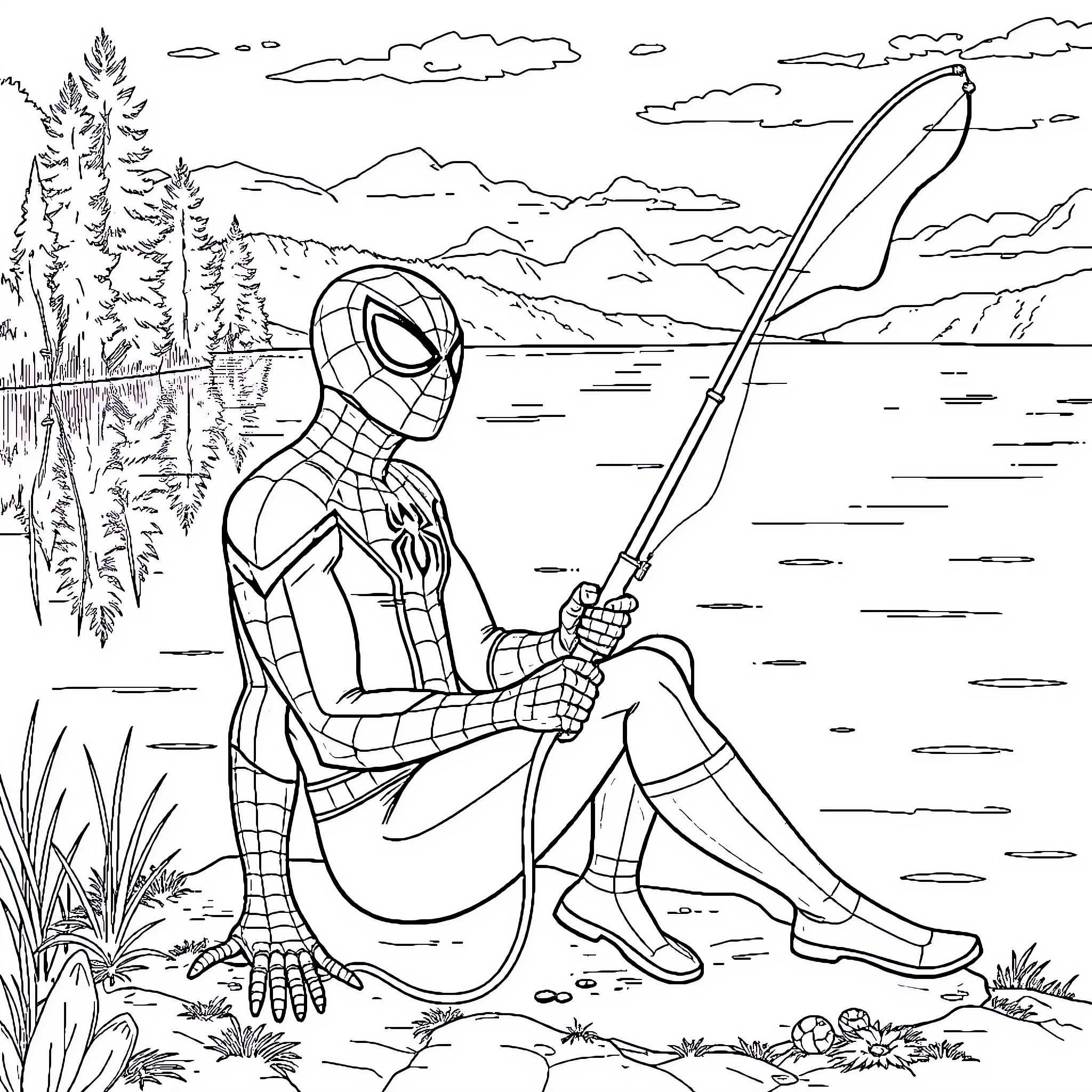 Spider-Man fishing by the lake Coloring Page (free black-and-white line drawing printable PDF for all, from beginners to advanced learners, including children, teens, adults, and seniors)