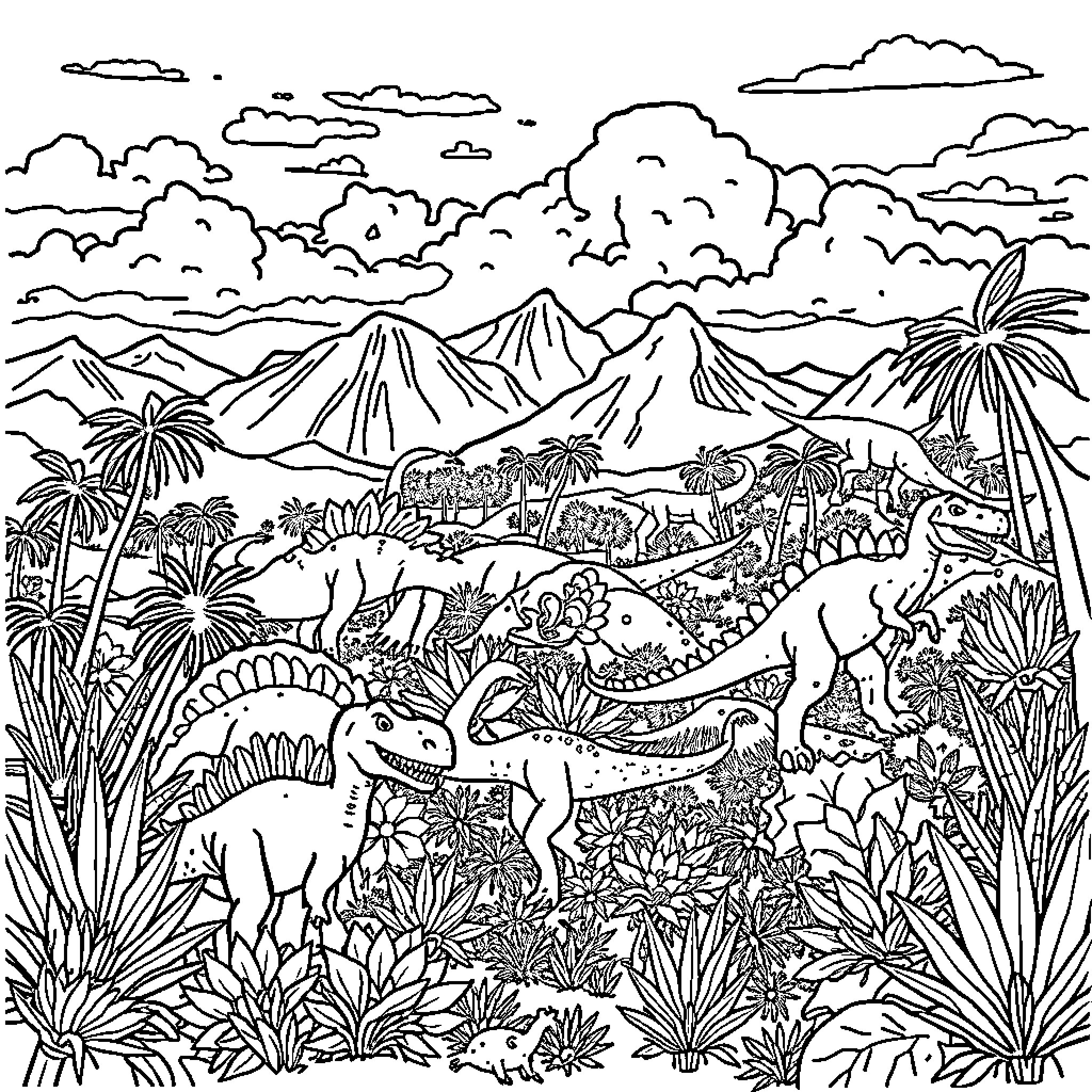 Dinosaurs roaming the prehistoric landscape Coloring Page (free black-and-white line drawing printable PDF for all, from beginners to advanced learners, including children, teens, adults, and seniors)