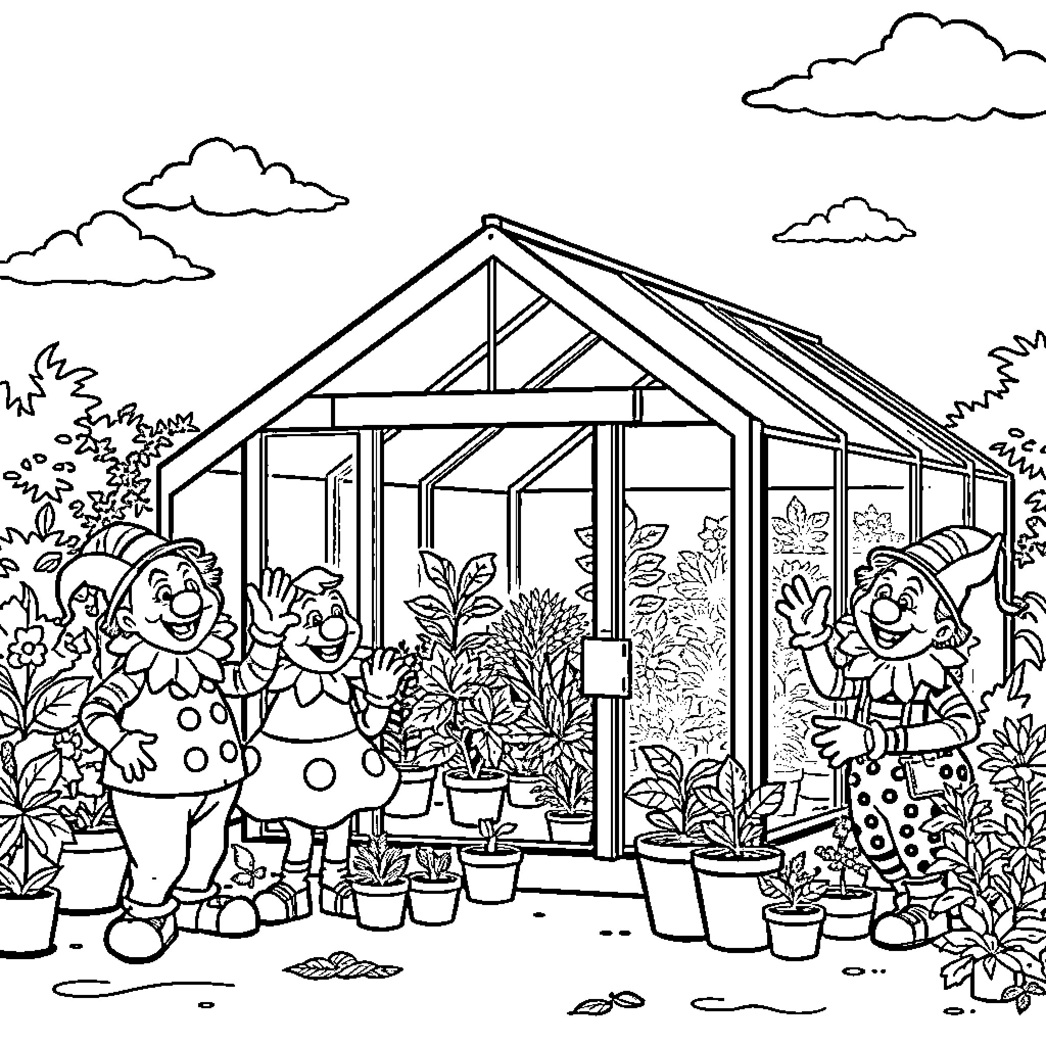 Clowns Tending to Their Greenhouse Garden Coloring Page (free black-and-white line drawing printable PDF for all, from beginners to advanced learners, including children, teens, adults, and seniors)