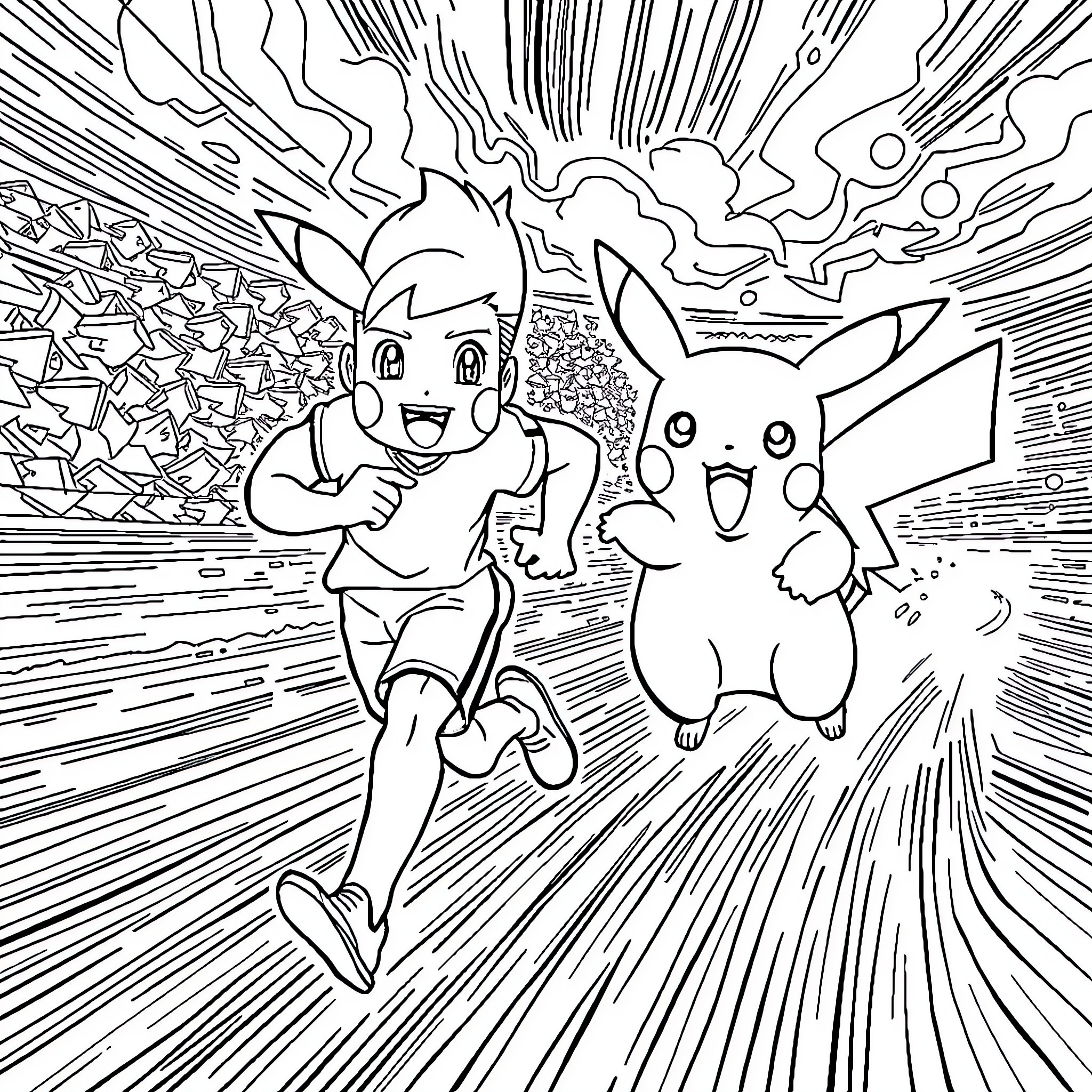 Jey Uso and Pikachu Explore the Vibrant World Coloring Page (free black-and-white line drawing printable PDF for all, from beginners to advanced learners, including children, teens, adults, and seniors)