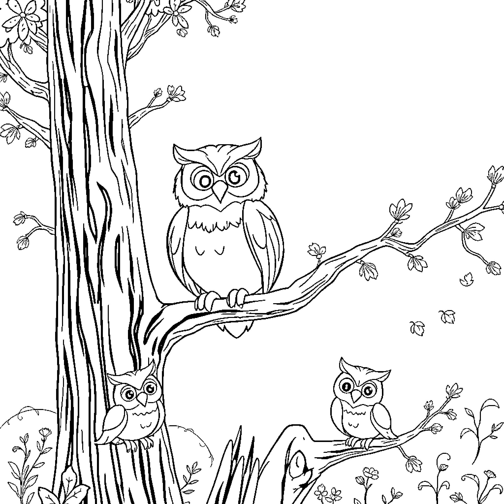 Owls perched in a whimsical forest scene Coloring Page (free black-and-white line drawing printable PDF for all, from beginners to advanced learners, including children, teens, adults, and seniors)