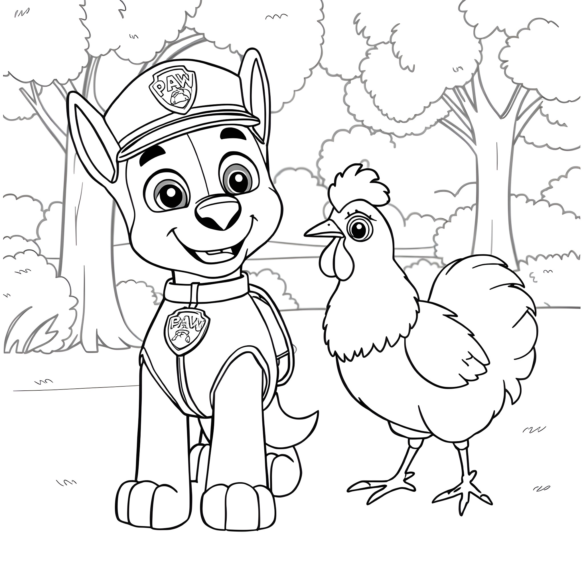 Chase with a friendly chicken in the forest Coloring Page (free black-and-white line drawing printable PDF for all, from beginners to advanced learners, including children, teens, adults, and seniors)