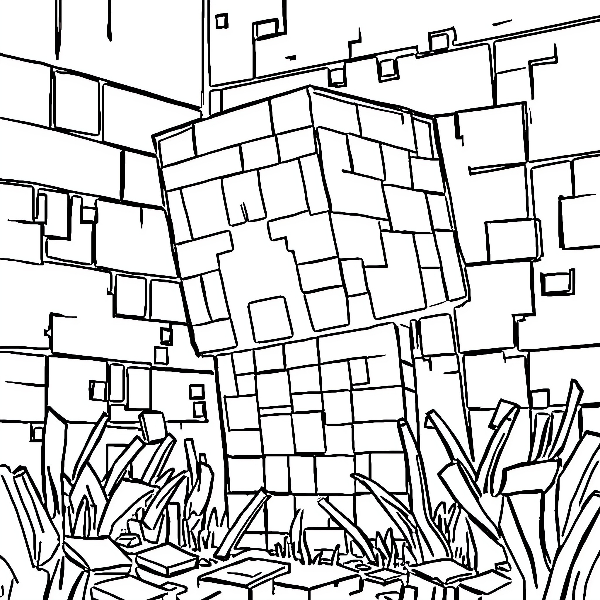 Creeper emerging from a blocky landscape Coloring Page (free black-and-white line drawing printable PDF for all, from beginners to advanced learners, including children, teens, adults, and seniors)