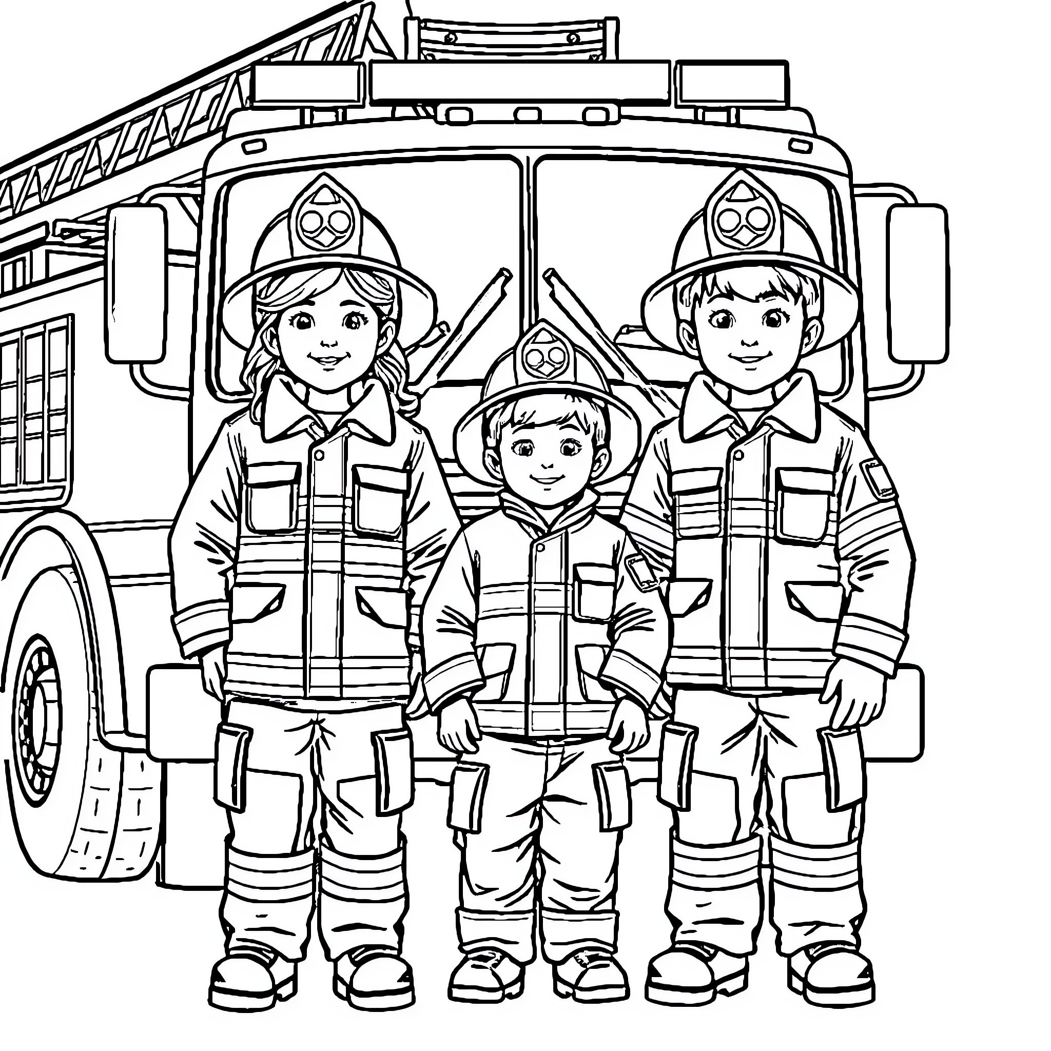 Firefighter crew posing in front of fire truck Coloring Page (free black-and-white line drawing printable PDF for all, from beginners to advanced learners, including children, teens, adults, and seniors)