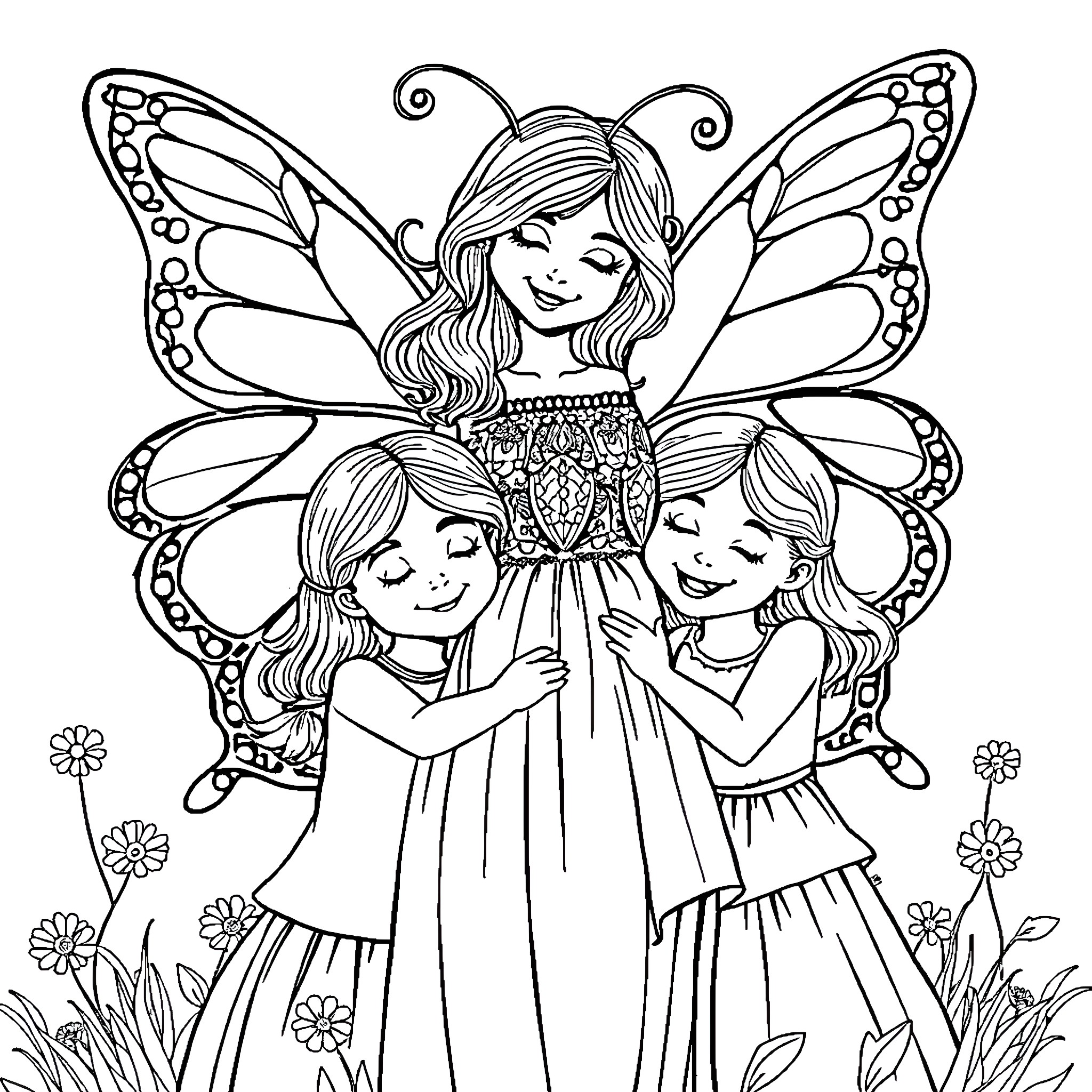 Butterfly-winged girl with two friends in a meadow Coloring Page (free black-and-white line drawing printable PDF for all, from beginners to advanced learners, including children, teens, adults, and seniors)