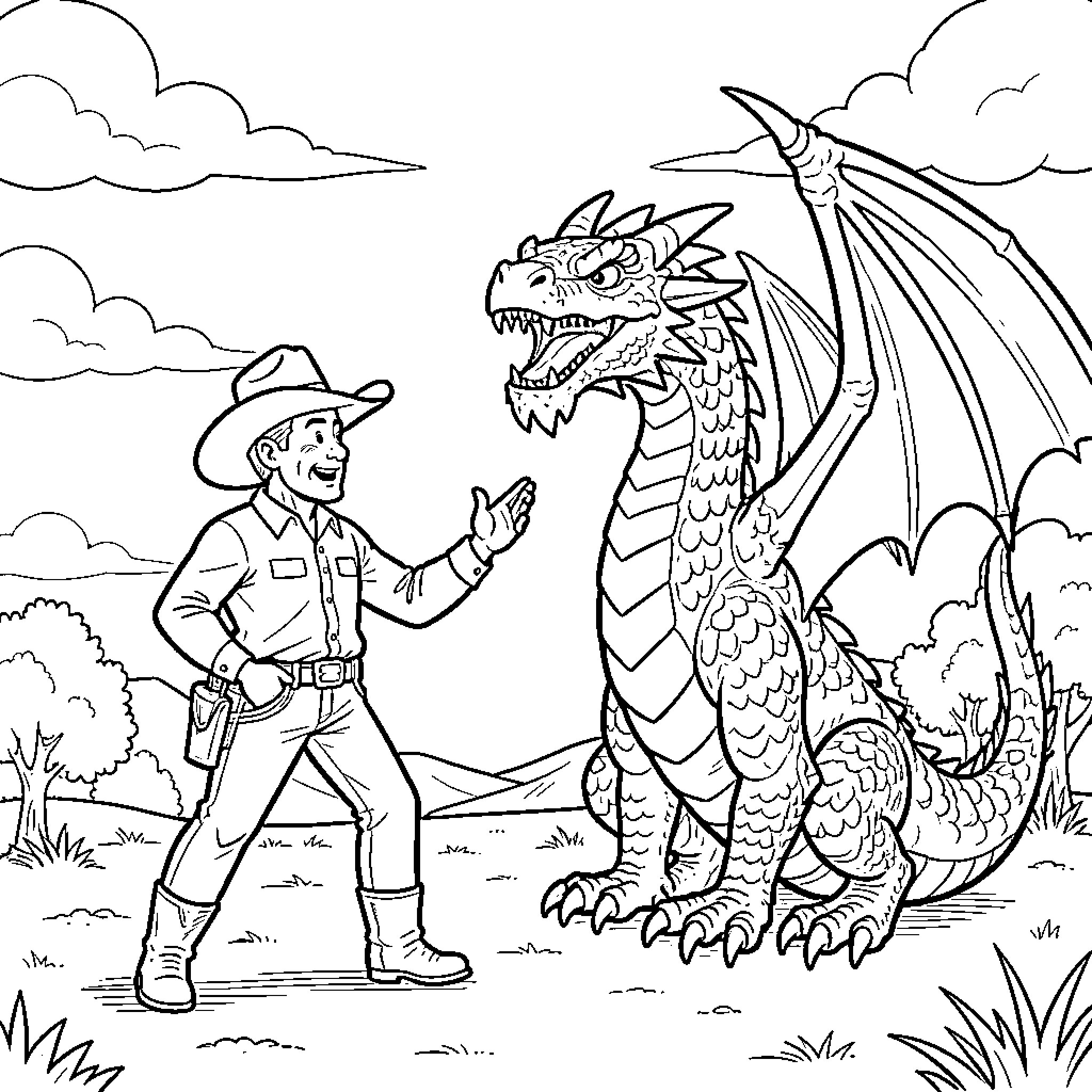 Dragon and Ranger's Encounter in the Wilderness Coloring Page (free black-and-white line drawing printable PDF for all, from beginners to advanced learners, including children, teens, adults, and seniors)