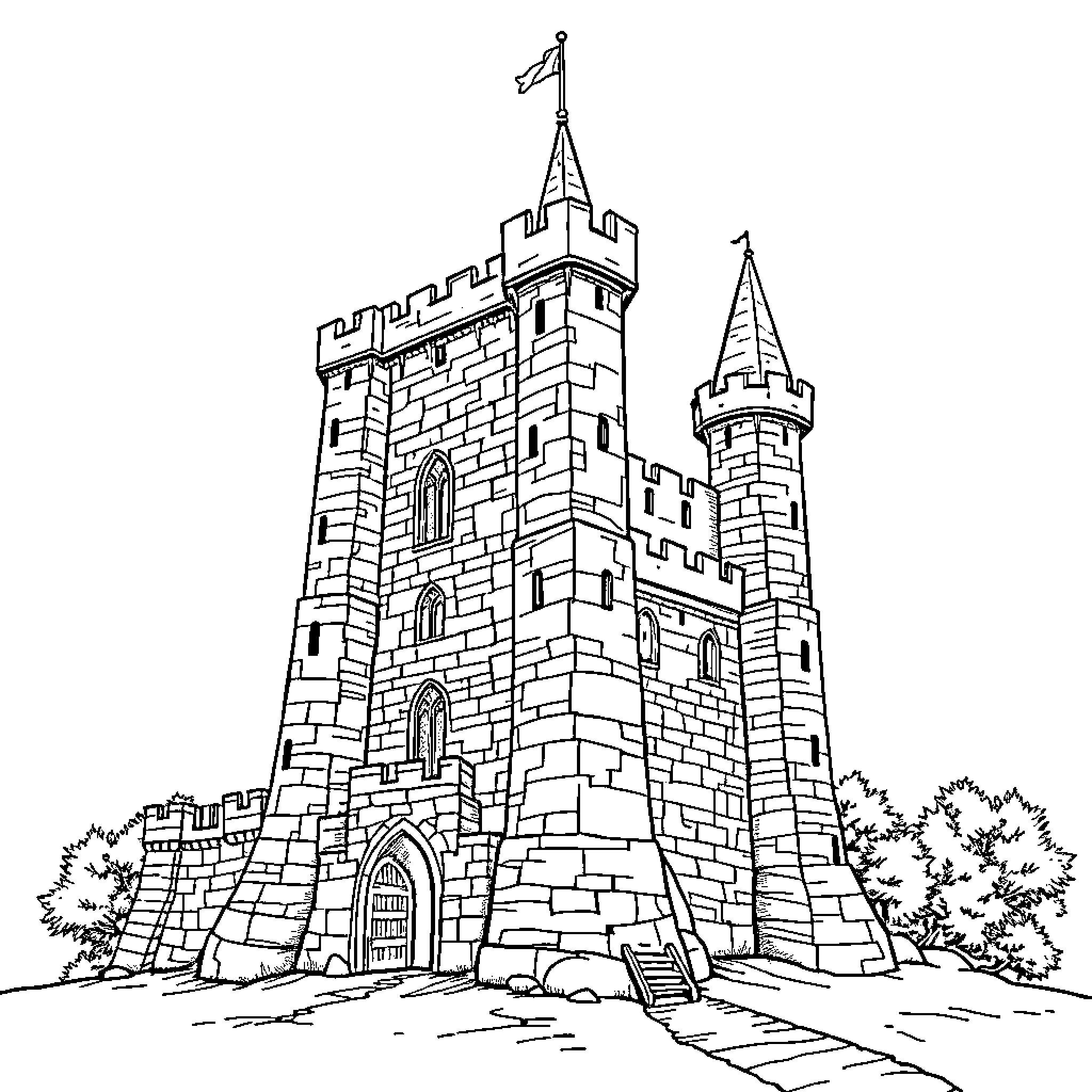 Castle with Towers and Turrets Coloring Page (free black-and-white line drawing printable PDF for all, from beginners to advanced learners, including children, teens, adults, and seniors)