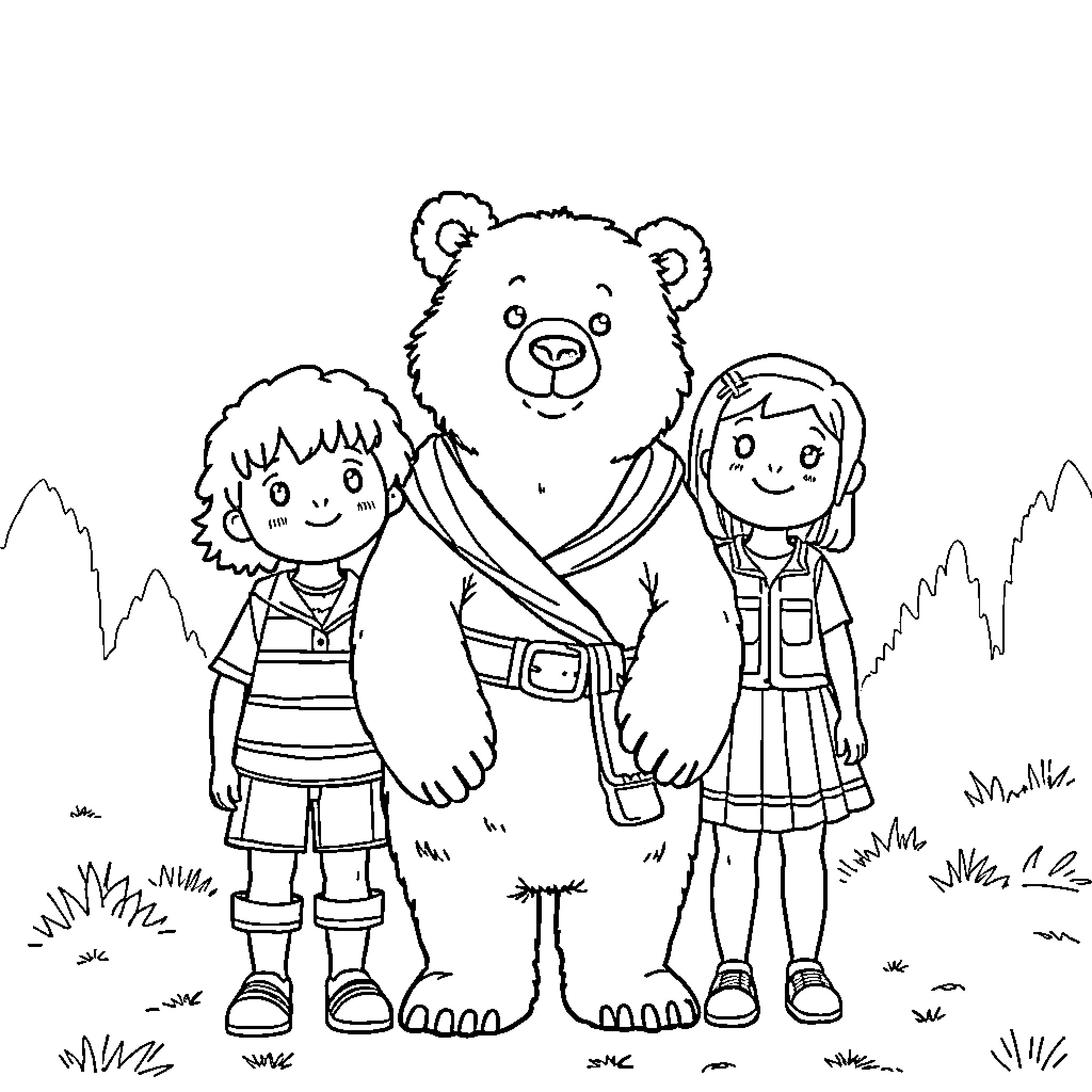 Bear interacting with children in a nature setting Coloring Page (free black-and-white line drawing printable PDF for all, from beginners to advanced learners, including children, teens, adults, and seniors)