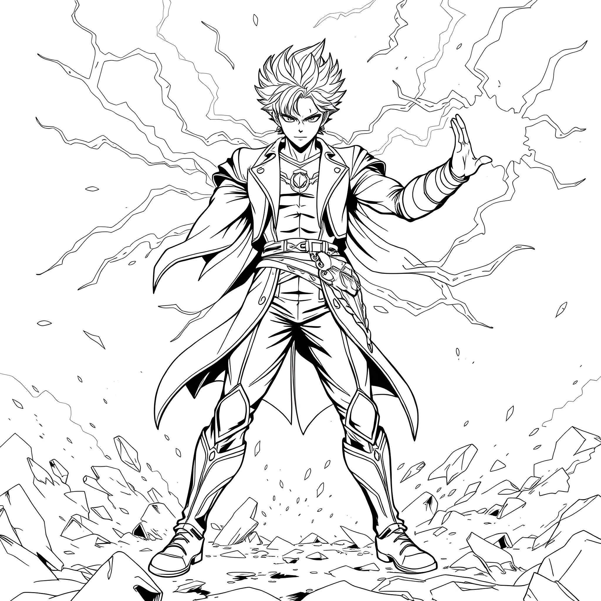 Giorno Giovanna unleashing a powerful energy display Coloring Page (free black-and-white line drawing printable PDF for all, from beginners to advanced learners, including children, teens, adults, and seniors)