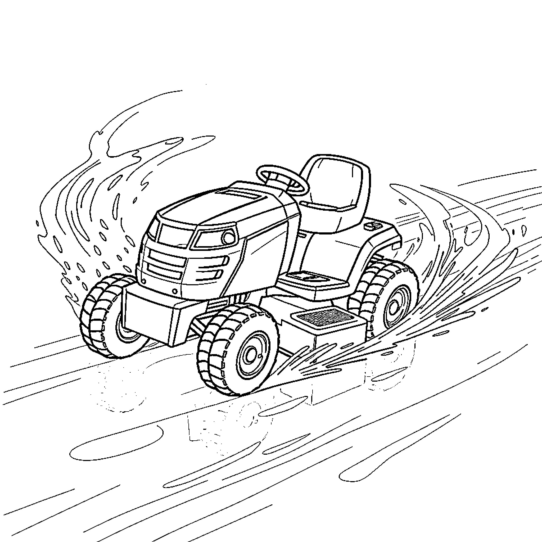 Mower speeding through dirt and grass Coloring Page (free black-and-white line drawing printable PDF for all, from beginners to advanced learners, including children, teens, adults, and seniors)