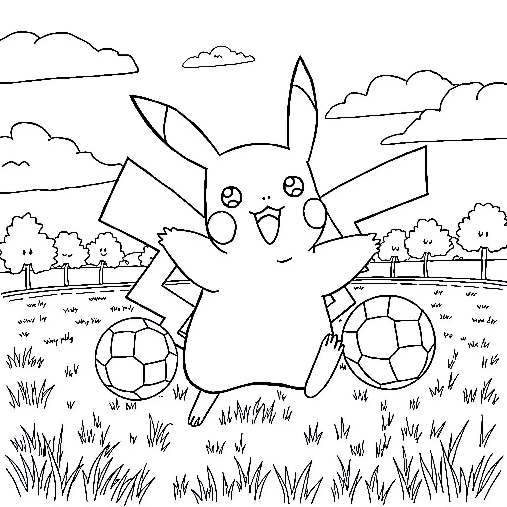 Pikachu playing happily with soccer balls in the park Coloring Page (free black-and-white line drawing printable PDF for all, from beginners to advanced learners, including children, teens, adults, and seniors)