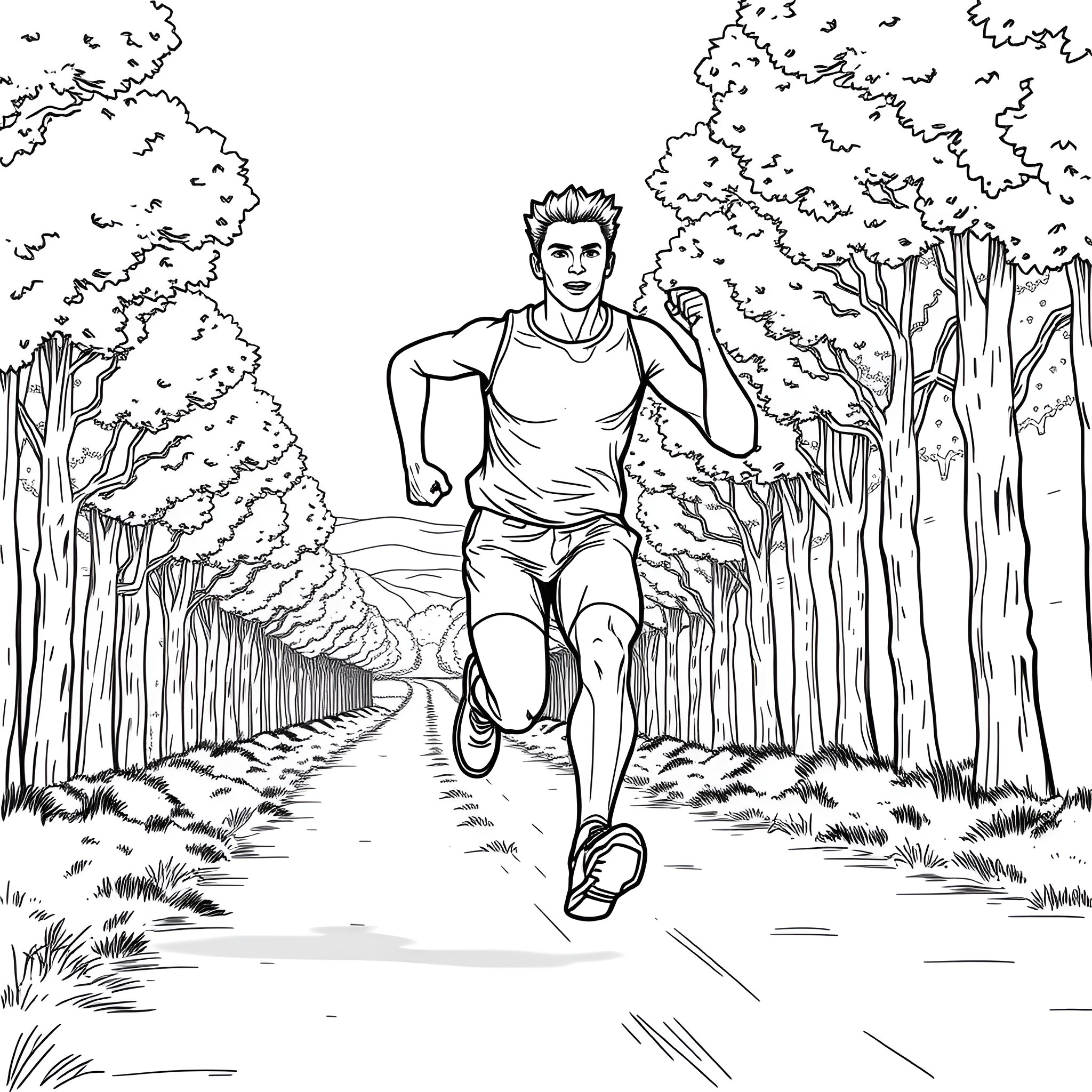 Man running on a trail through the forest Coloring Page (free black-and-white line drawing printable PDF for all, from beginners to advanced learners, including children, teens, adults, and seniors)