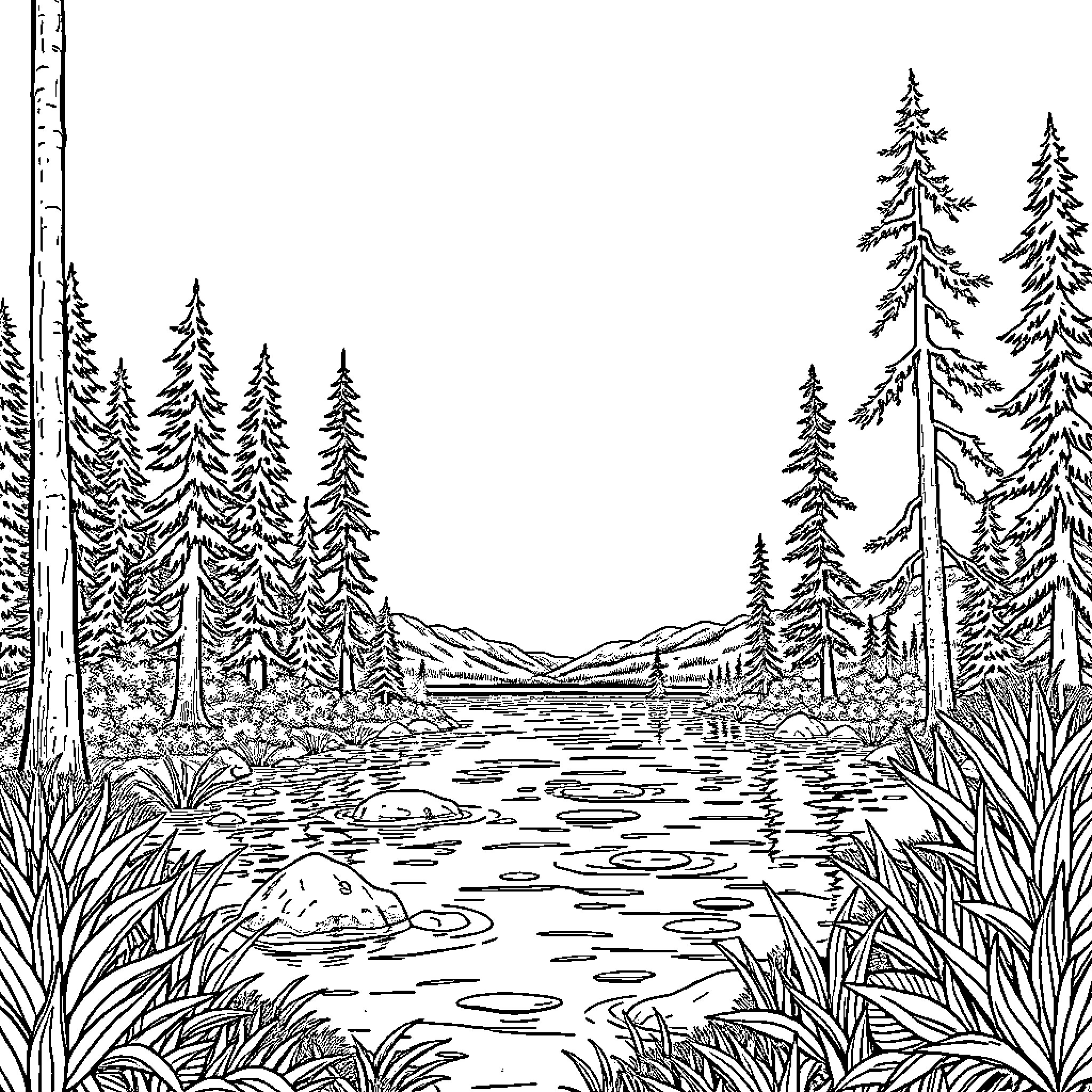 Lake with Peaceful Wilderness Scenery Coloring Page (free black-and-white line drawing printable PDF for all, from beginners to advanced learners, including children, teens, adults, and seniors)