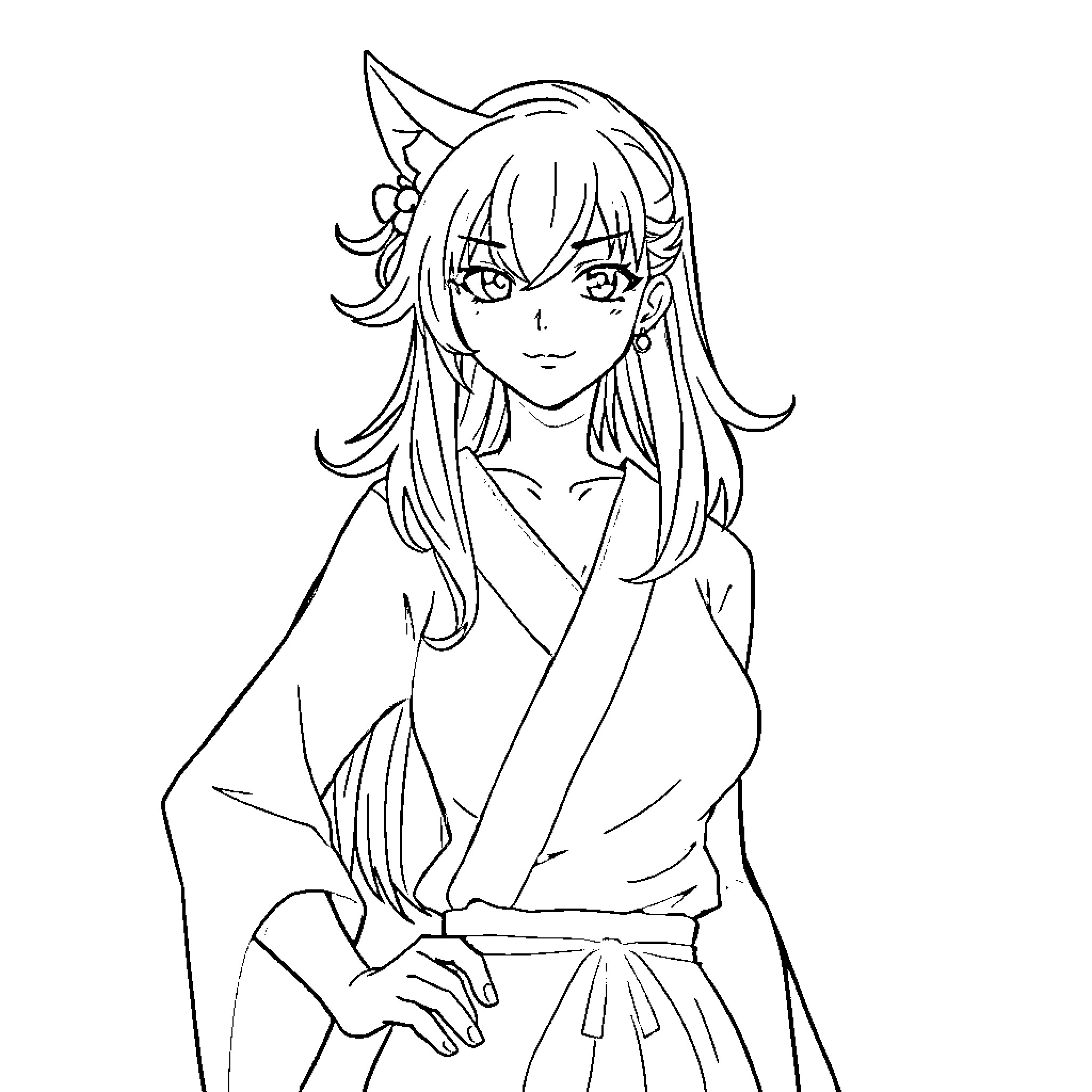 Yoruichi in traditional Japanese attire Coloring Page (free black-and-white line drawing printable PDF for all, from beginners to advanced learners, including children, teens, adults, and seniors)