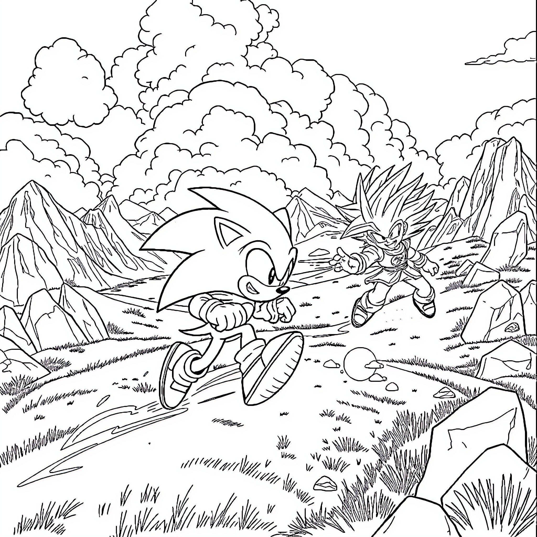 Sonic's Exciting Adventure in the Mountains Coloring Page (free black-and-white line drawing printable PDF for all, from beginners to advanced learners, including children, teens, adults, and seniors)
