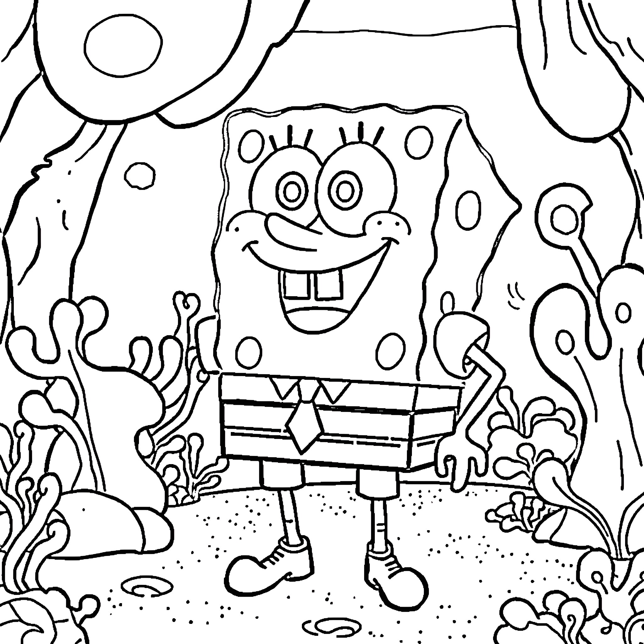 Spongebob expressing joy in an underwater scene Coloring Page (free black-and-white line drawing printable PDF for all, from beginners to advanced learners, including children, teens, adults, and seniors)